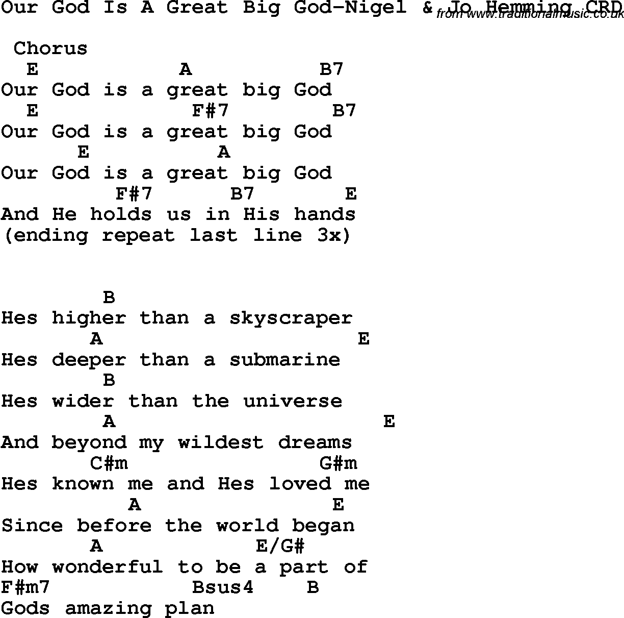 Christian Chlidrens Song Our God Is A Great Big God-Nigel  Jo Hemming CRD Lyrics & Chords
