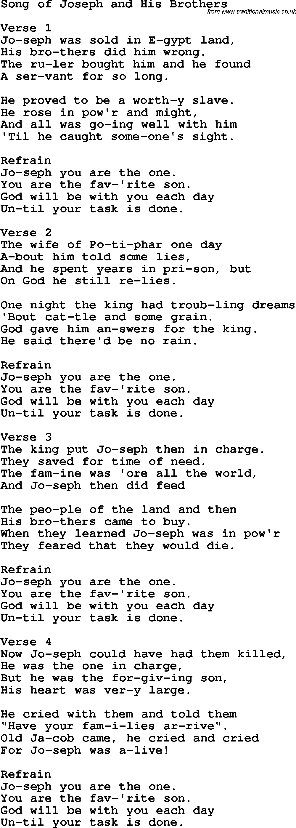 Christian Chlidrens Song Song Of Joseph And His Brothers Lyrics