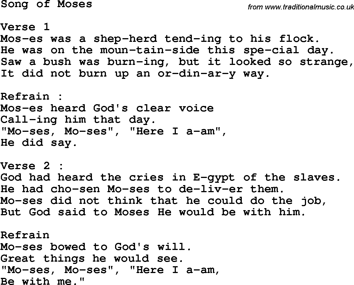 Christian Chlidrens Song Song Of Moses Lyrics