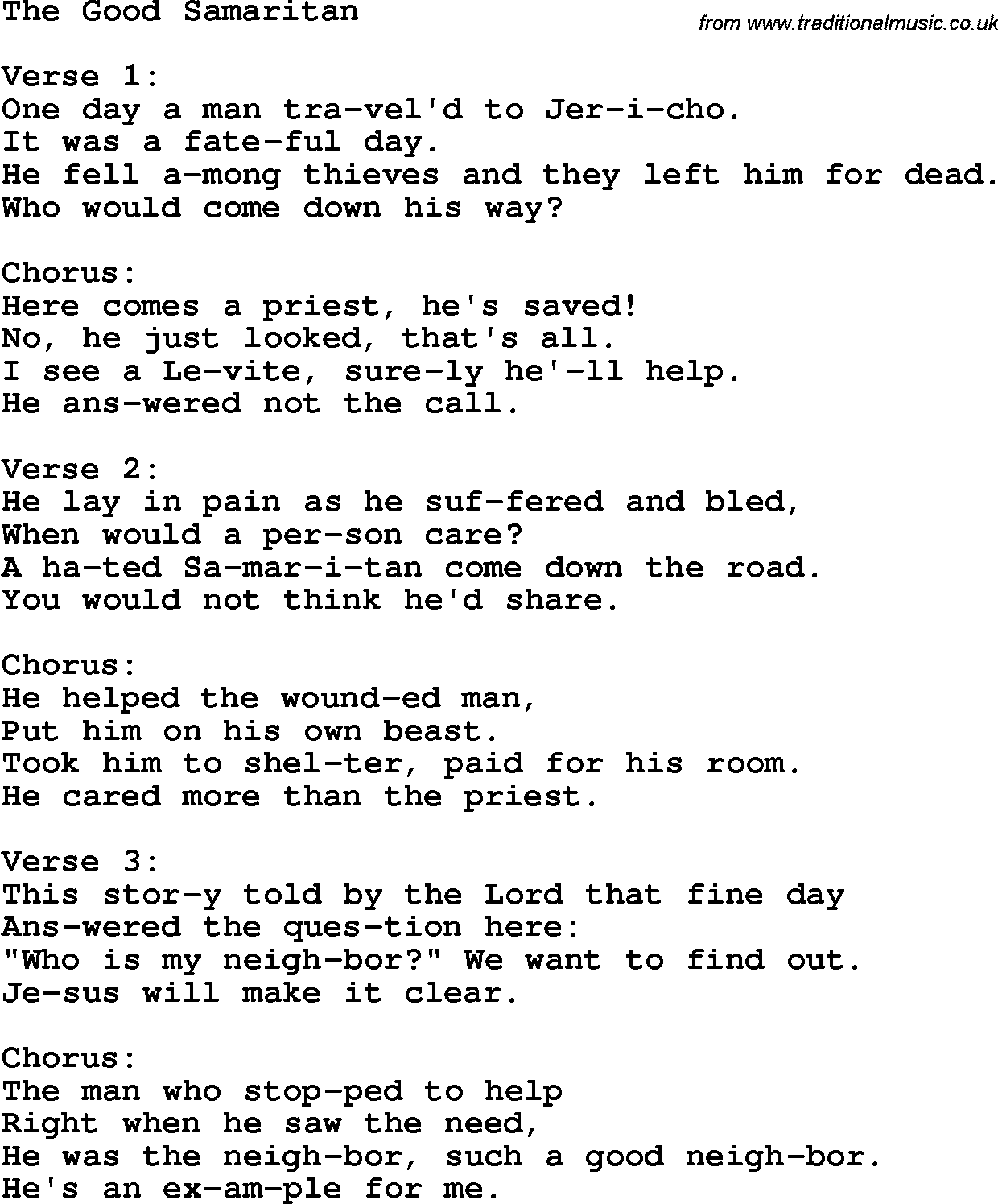 Christian Chlidrens Song The Good Samaritan Lyrics
