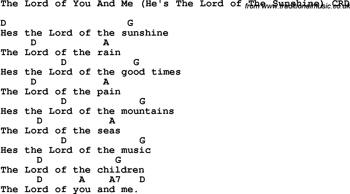 Christian Chlidrens Song The Lord Of You And Me He's The Lord Of The Sunshine CRD Lyrics & Chords