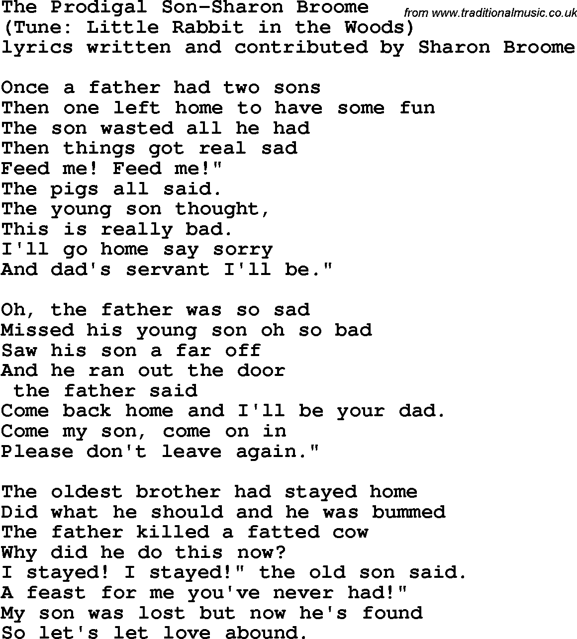 Christian Chlidrens Song The Prodigal Son-Sharon Broome Lyrics