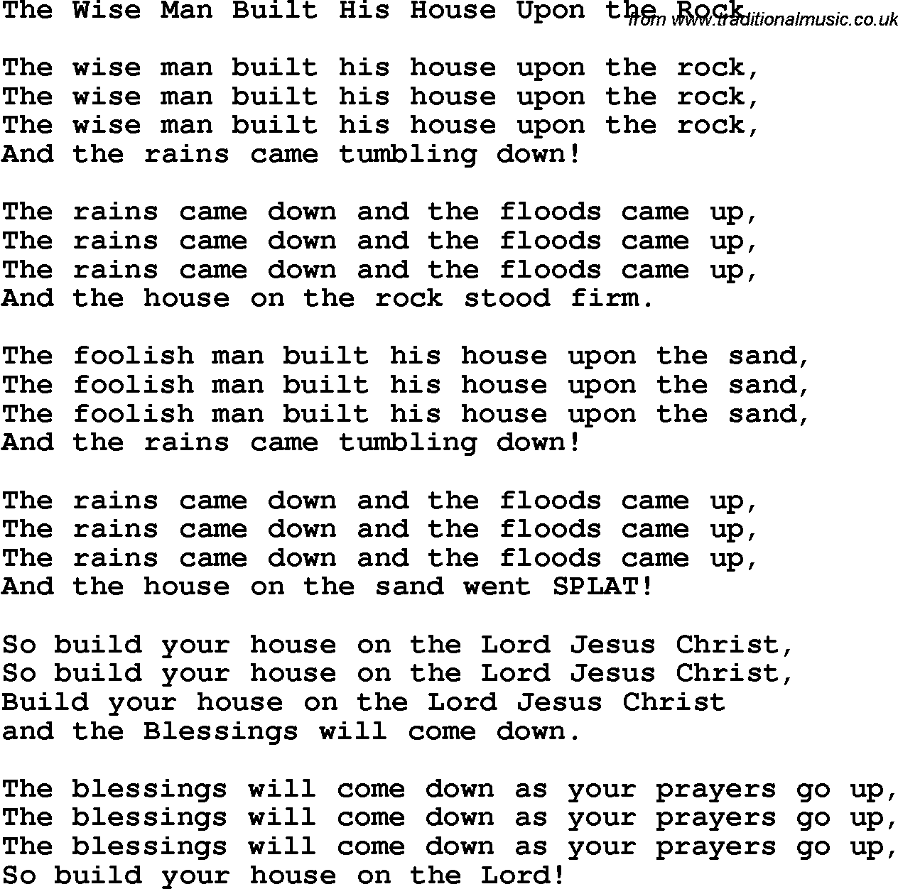 Christian Chlidrens Song The Wise Man Built His House Upon The Rock Lyrics
