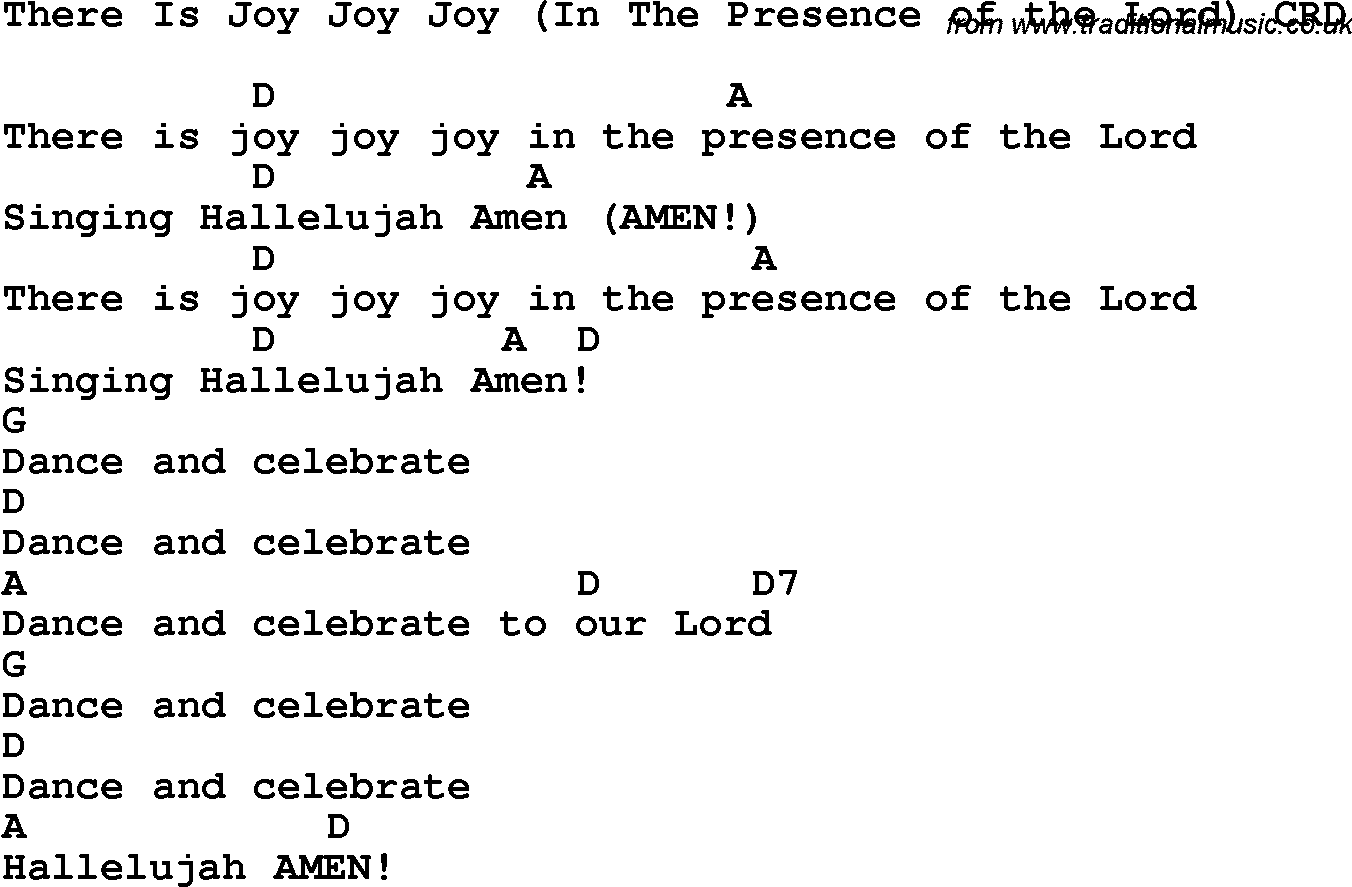 Christian Chlidrens Song There Is Joy Joy Joy In The Presence Of The Lord CRD Lyrics & Chords