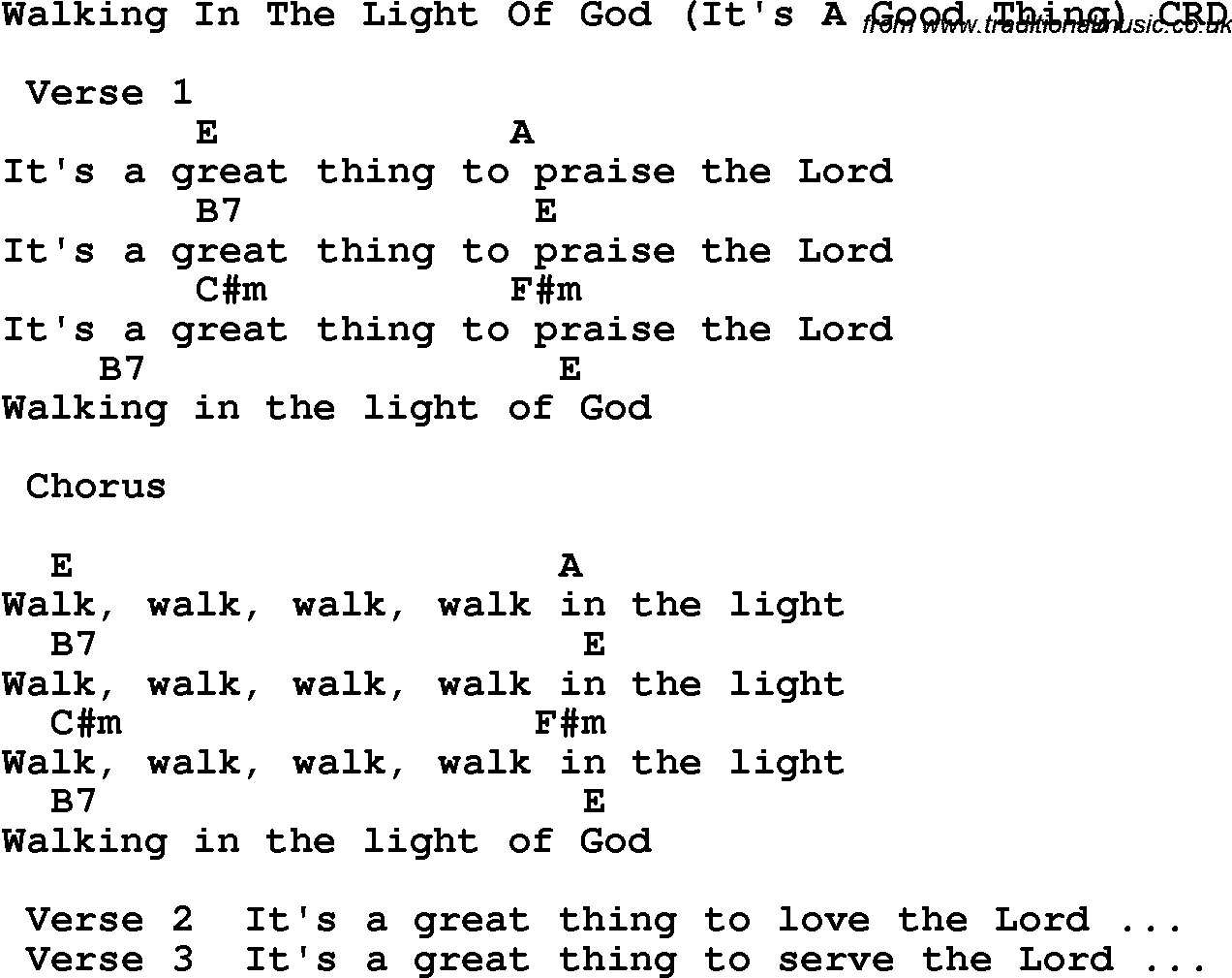 Christian Chlidrens Song Walking In The Light Of God It's A Good Thing CRD Lyrics & Chords