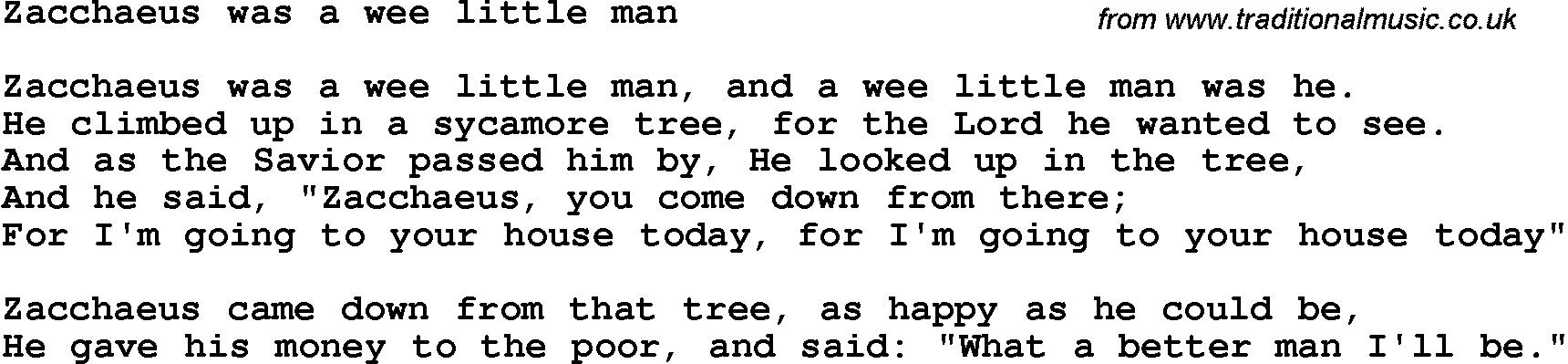 Christian Chlidrens Song Zacchaeus Was A Wee Little Man Lyrics