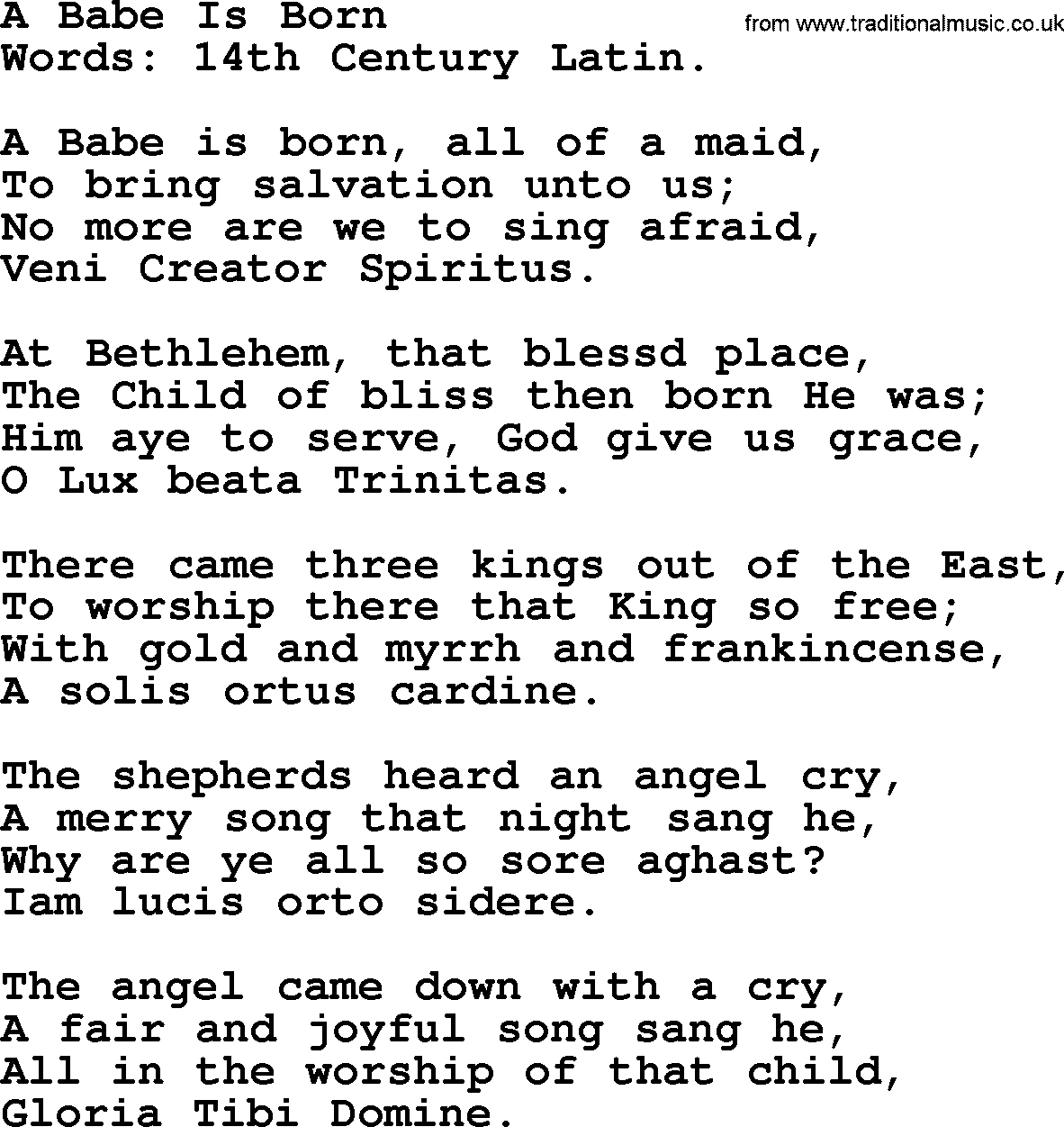 Christmas Hymns, Carols and Songs, title: A Babe Is Born, lyrics with PDF