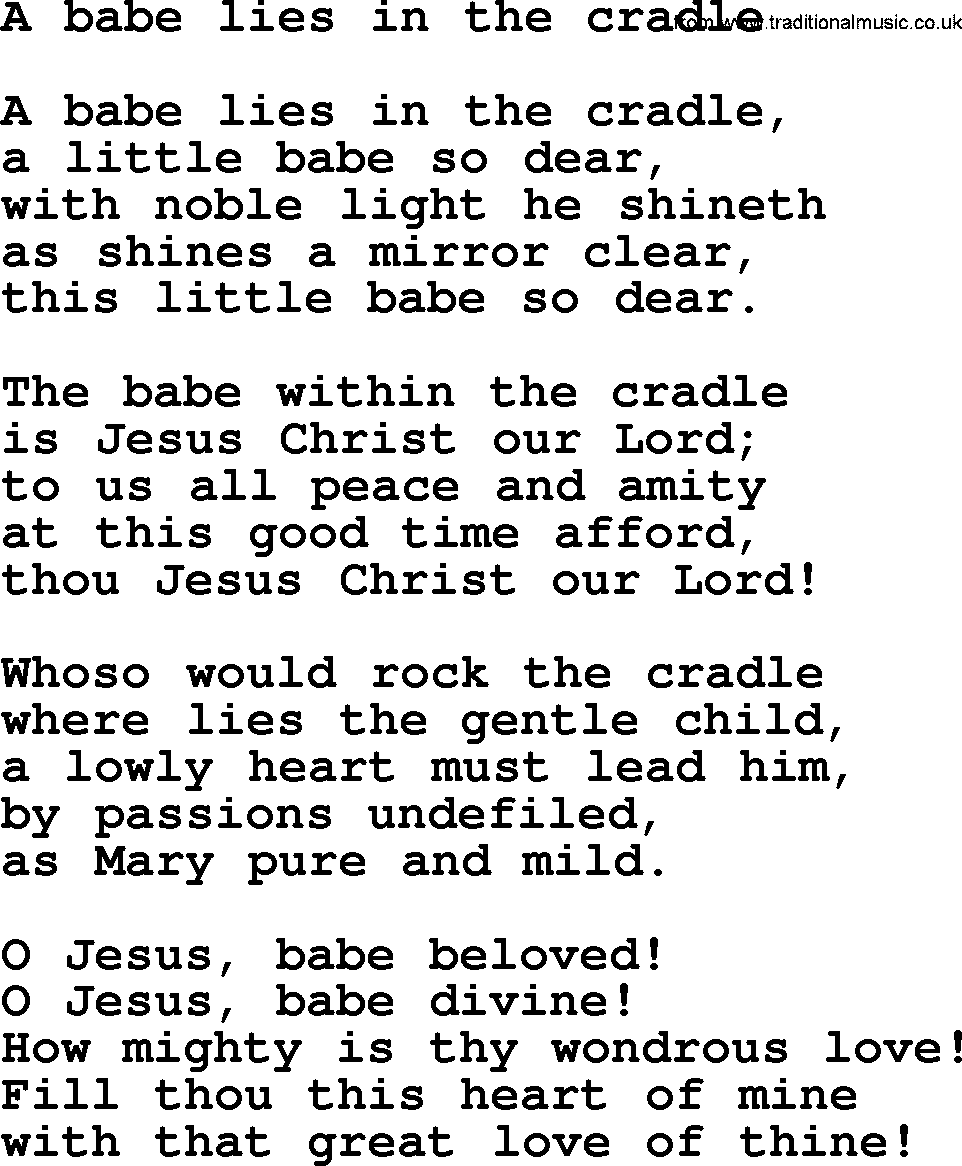 Christmas Hymns, Carols and Songs, title: A Babe Lies In The Cradle, lyrics with PDF