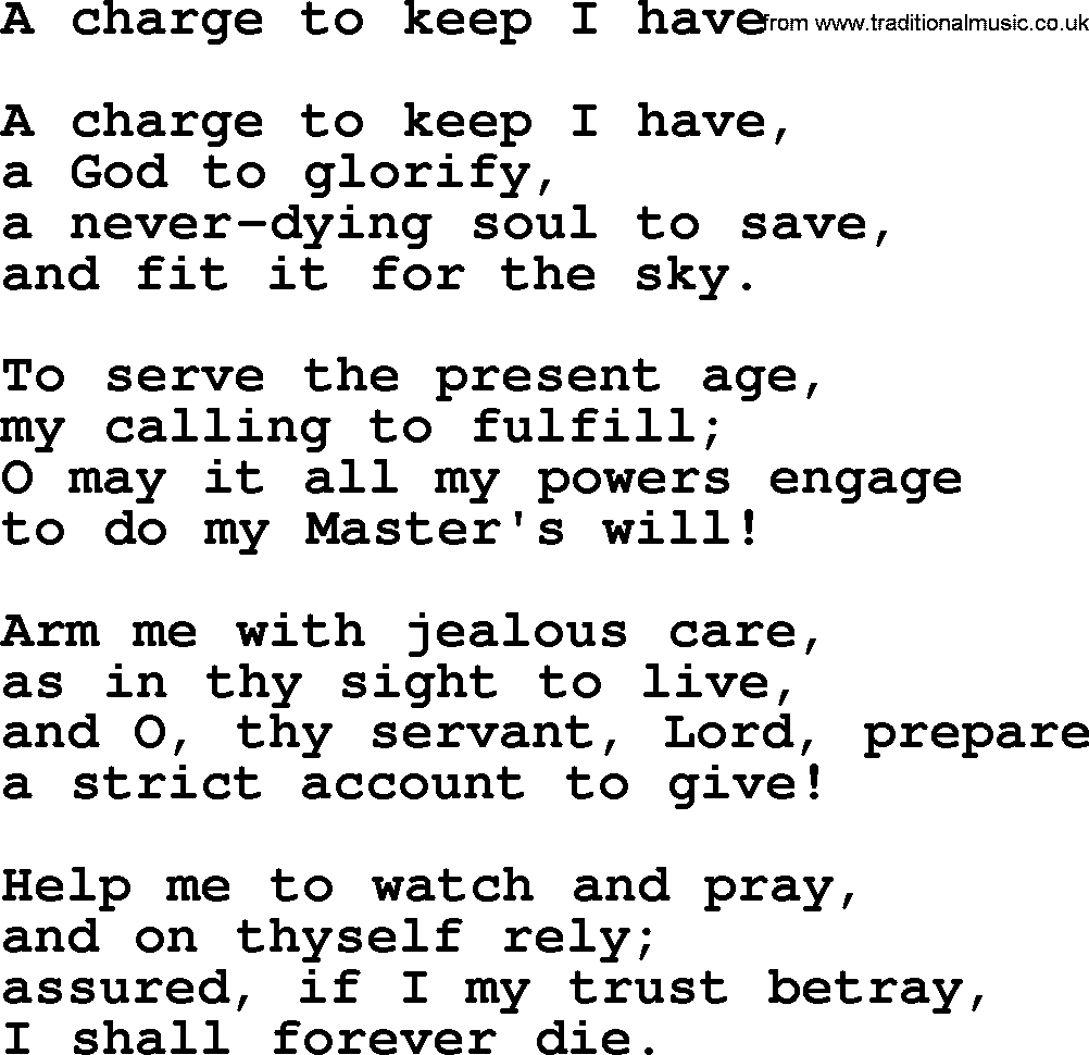 Christmas Hymns, Carols and Songs, title: A Charge To Keep I Have, lyrics with PDF