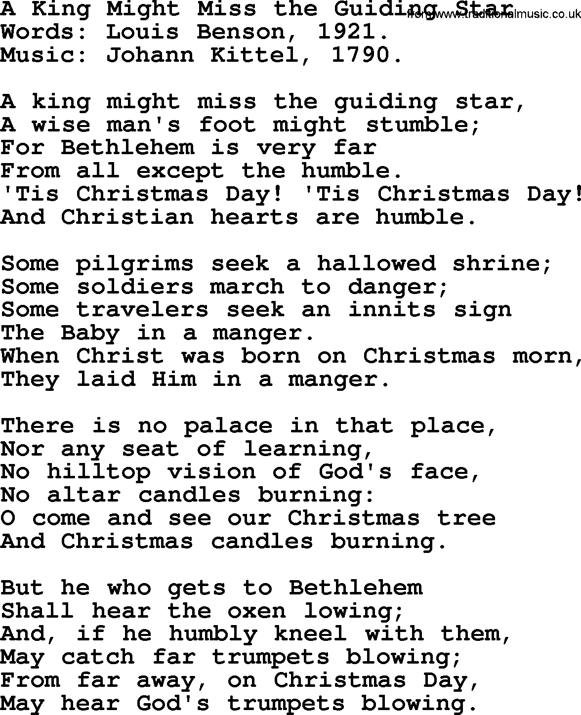 Christmas Hymns, Carols and Songs, title: A King Might Miss The Guiding Star, lyrics with PDF
