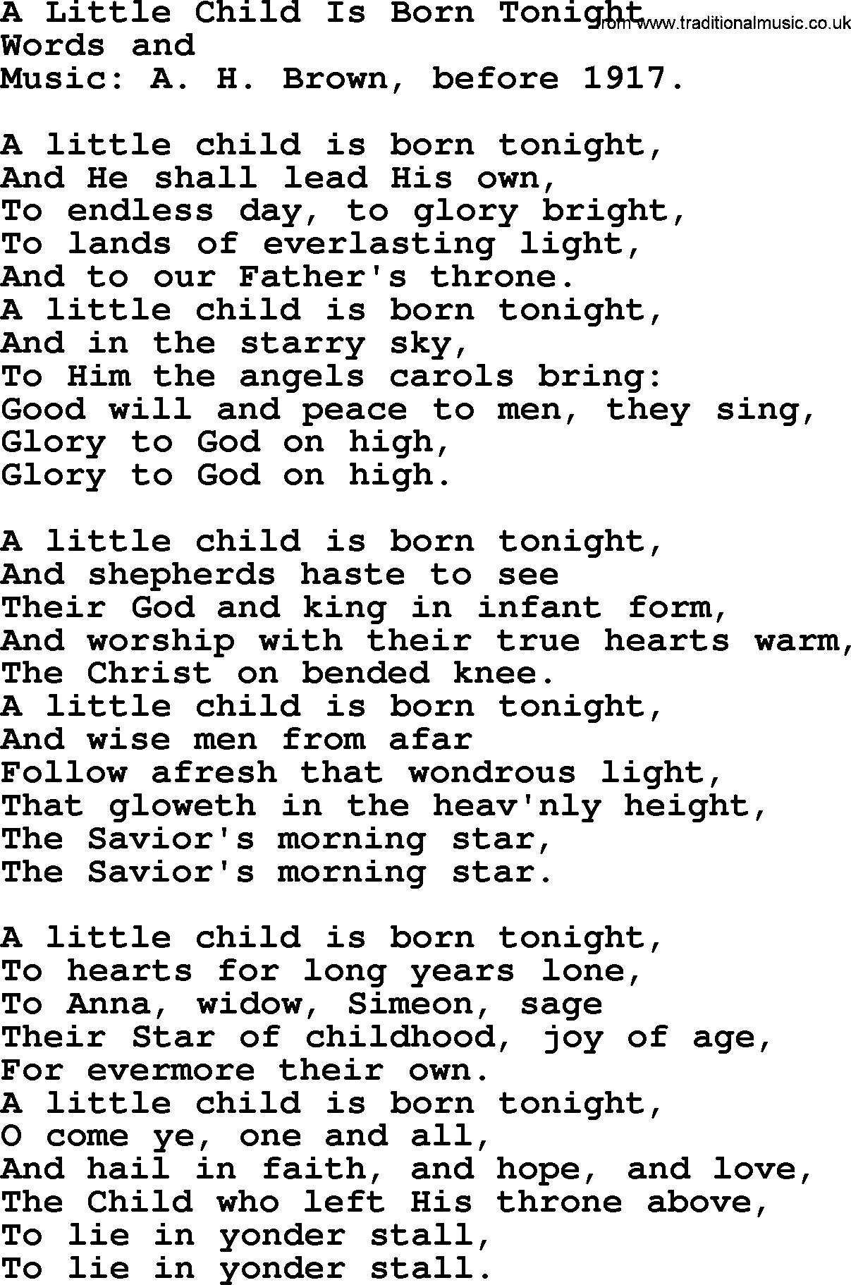 Christmas Hymns, Carols and Songs, title: A Little Child Is Born Tonight - complete lyrics, and PDF