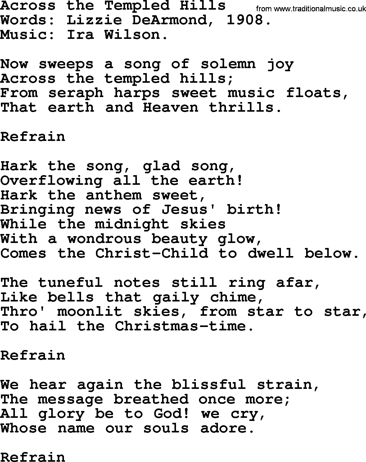 Christmas Hymns, Carols and Songs, title: Across The Templed Hills, lyrics with PDF