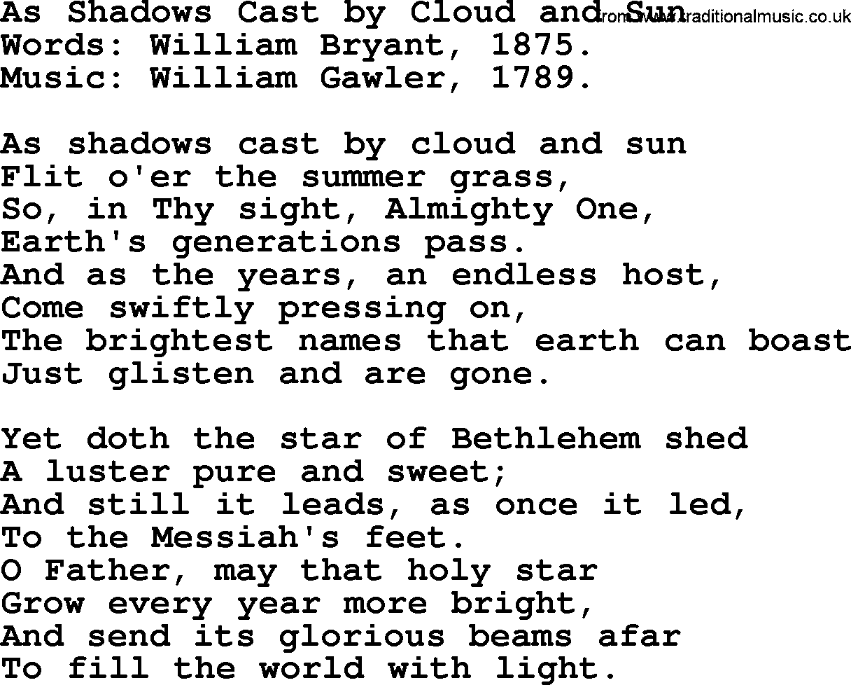 Christmas Hymns, Carols and Songs, title: As Shadows Cast By Cloud And Sun, lyrics with PDF