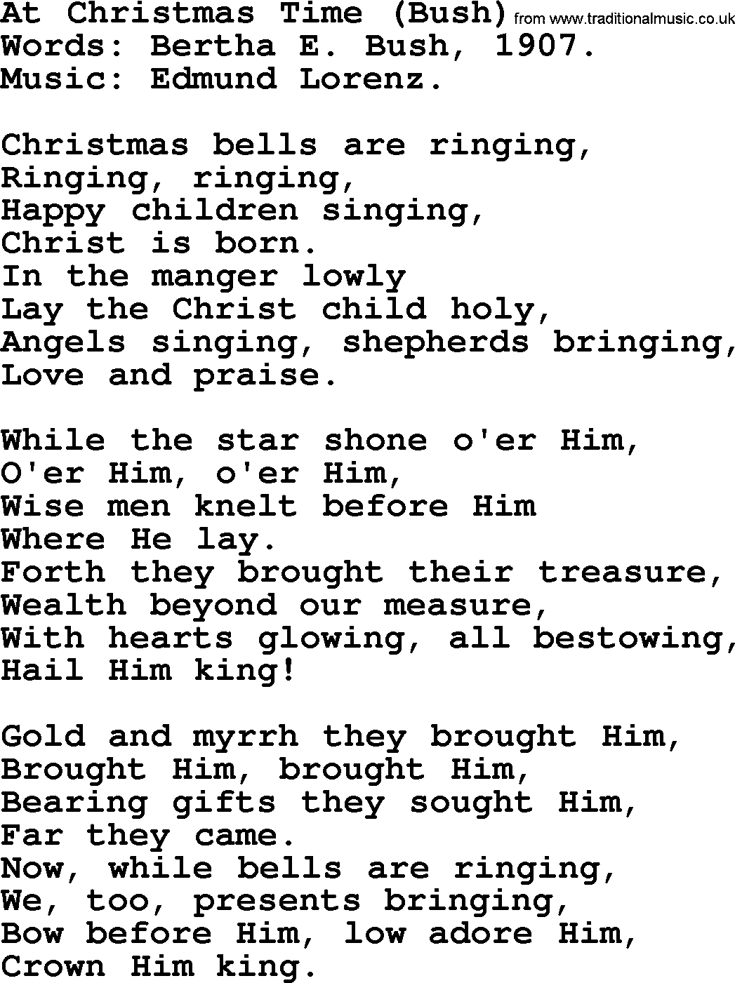 Christmas Hymns, Carols and Songs, title: At Christmas Time (bush), lyrics with PDF