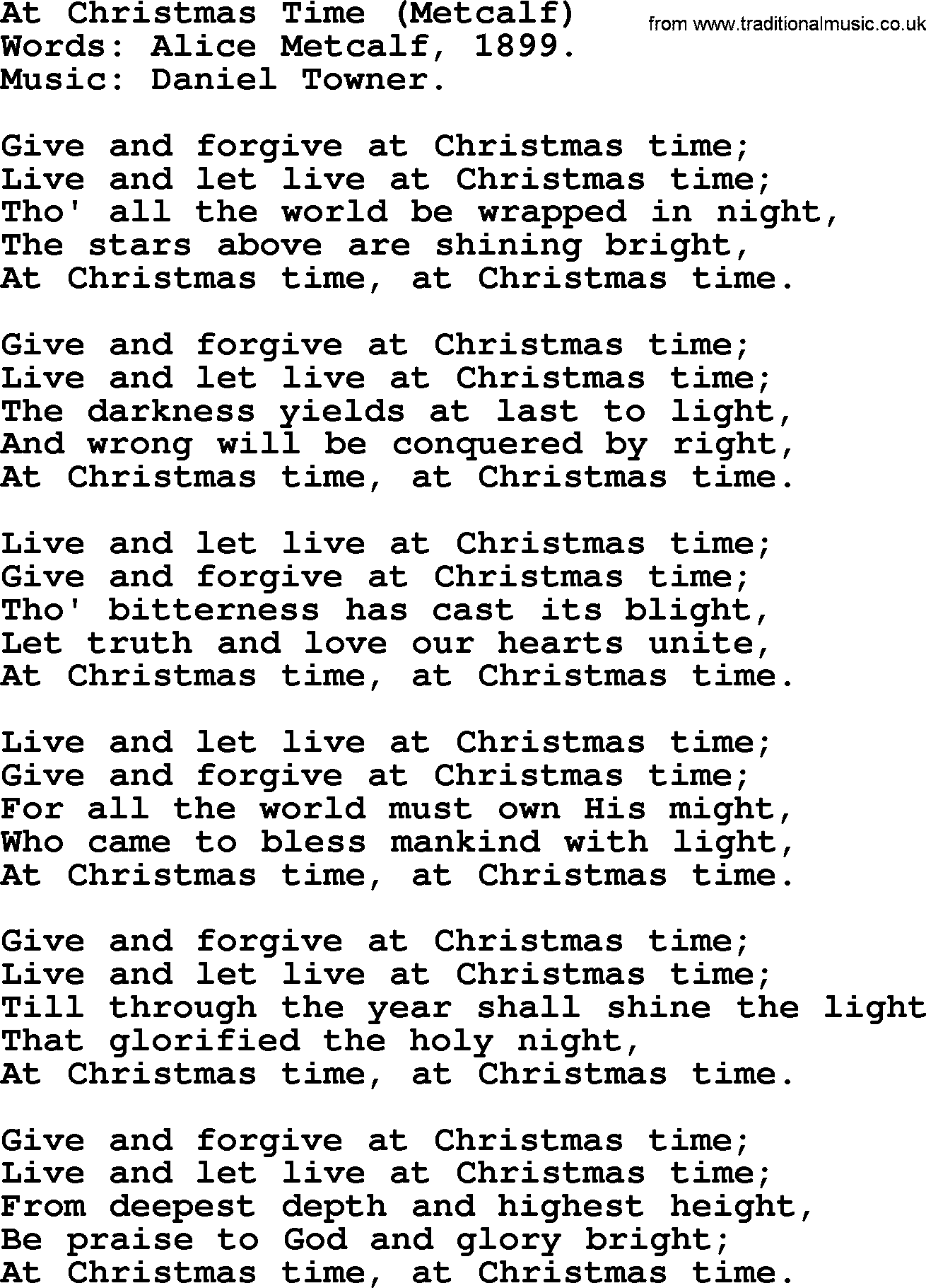 Christmas Hymns, Carols and Songs, title: At Christmas Time (metcalf), lyrics with PDF