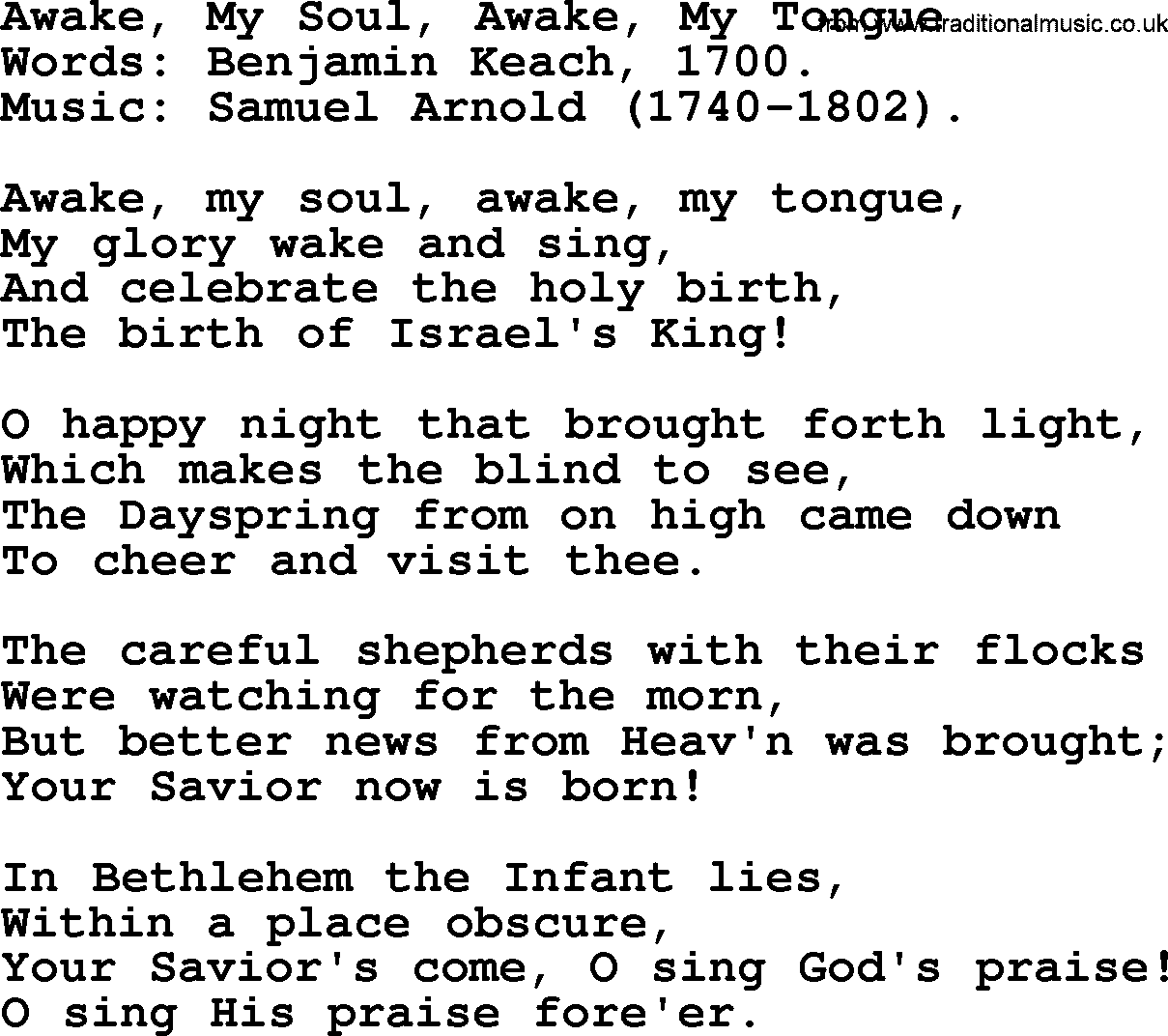 Christmas Hymns, Carols and Songs, title: Awake, My Soul, Awake, My Tongue, lyrics with PDF