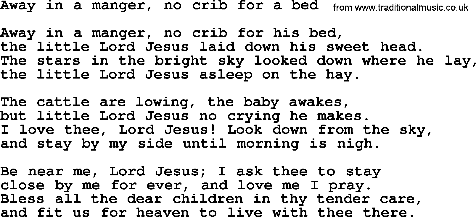 Christmas Hymns, Carols and Songs, title: Away In A Manger, No Crib For A Bed, lyrics with PDF