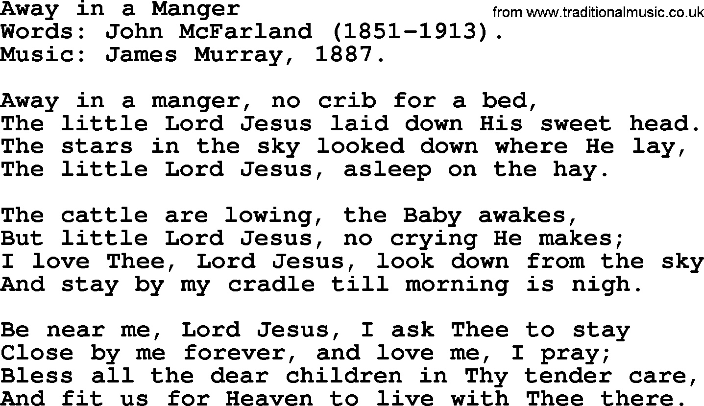 Christmas Hymns, Carols and Songs, title: Away In A Manger, lyrics with PDF