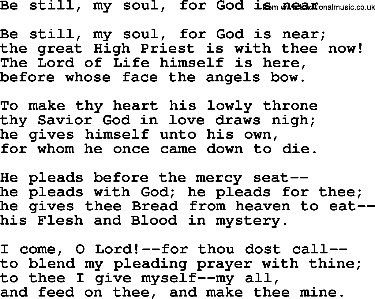 Christmas Hymns, Carols and Songs, title: Be Still, My Soul, For God Is Near, lyrics with PDF
