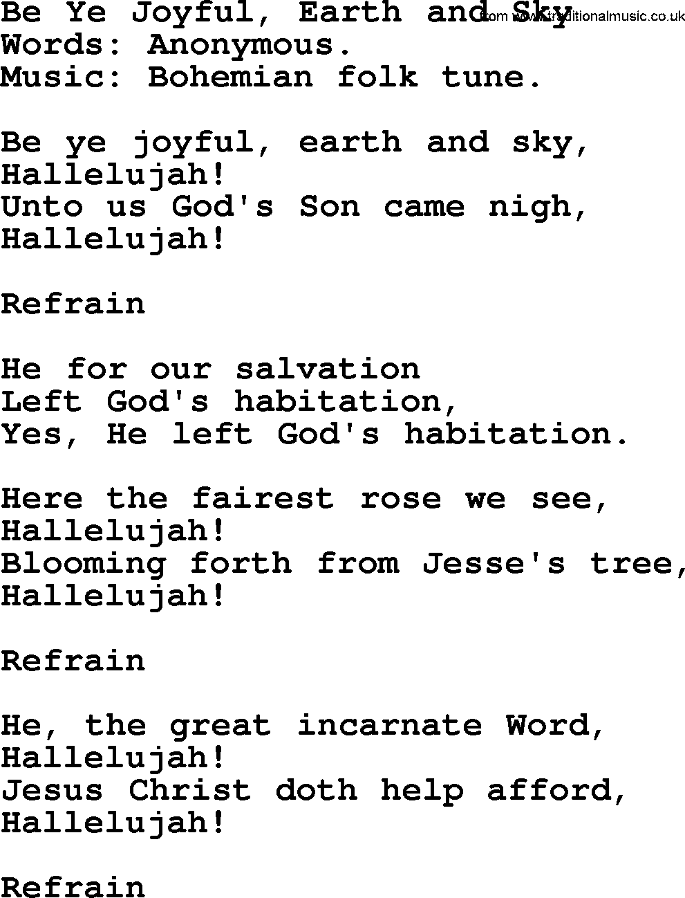 Christmas Hymns, Carols and Songs, title: Be Ye Joyful, Earth And Sky, lyrics with PDF