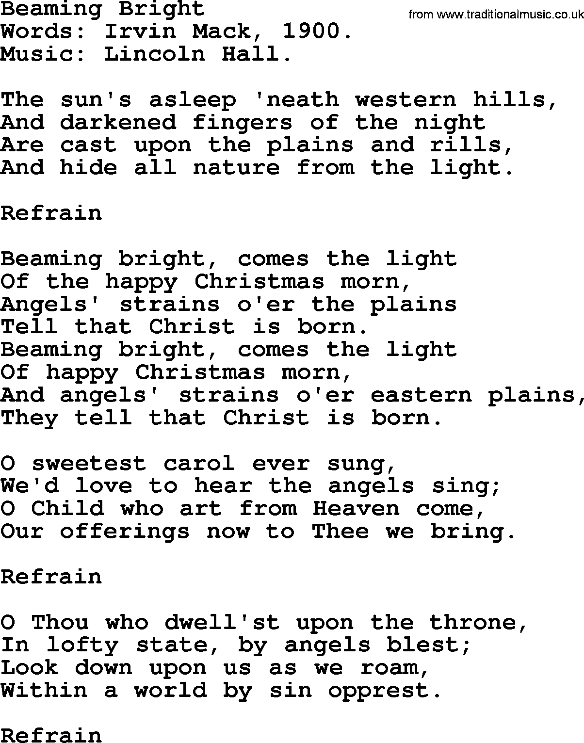 Christmas Hymns, Carols and Songs, title: Beaming Bright, lyrics with PDF
