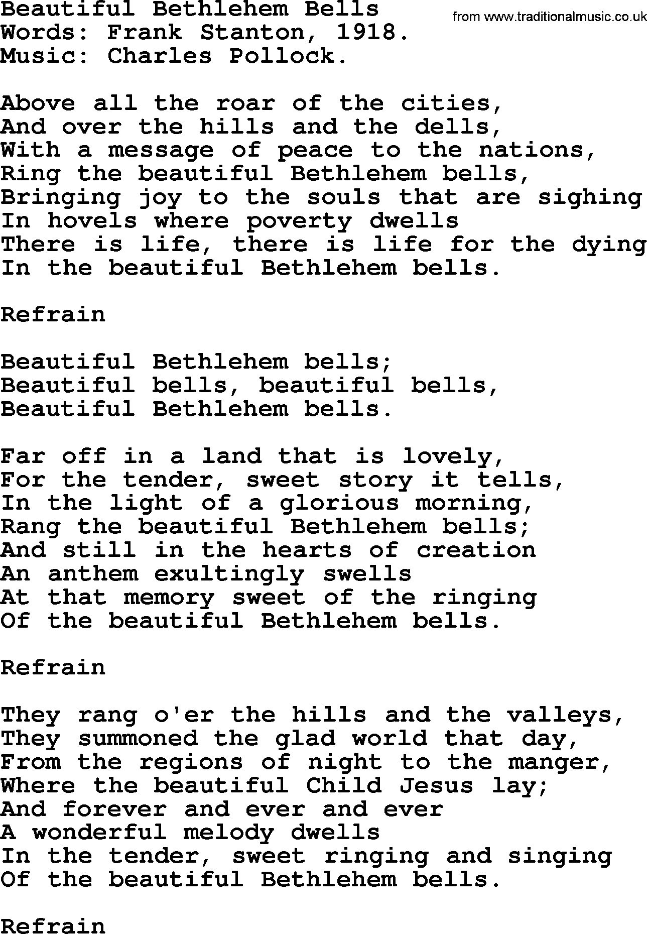 Christmas Hymns, Carols and Songs, title: Beautiful Bethlehem Bells, lyrics with PDF