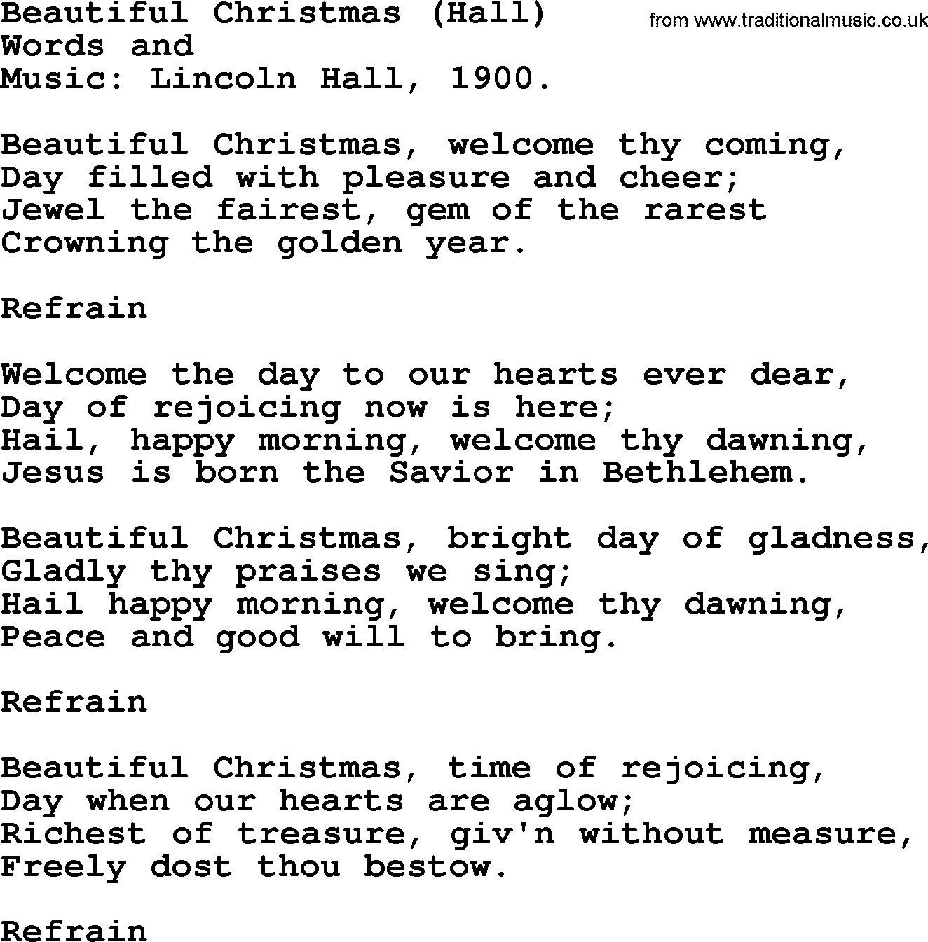 Christmas Hymns, Carols and Songs, title: Beautiful Christmas (hall), lyrics with PDF
