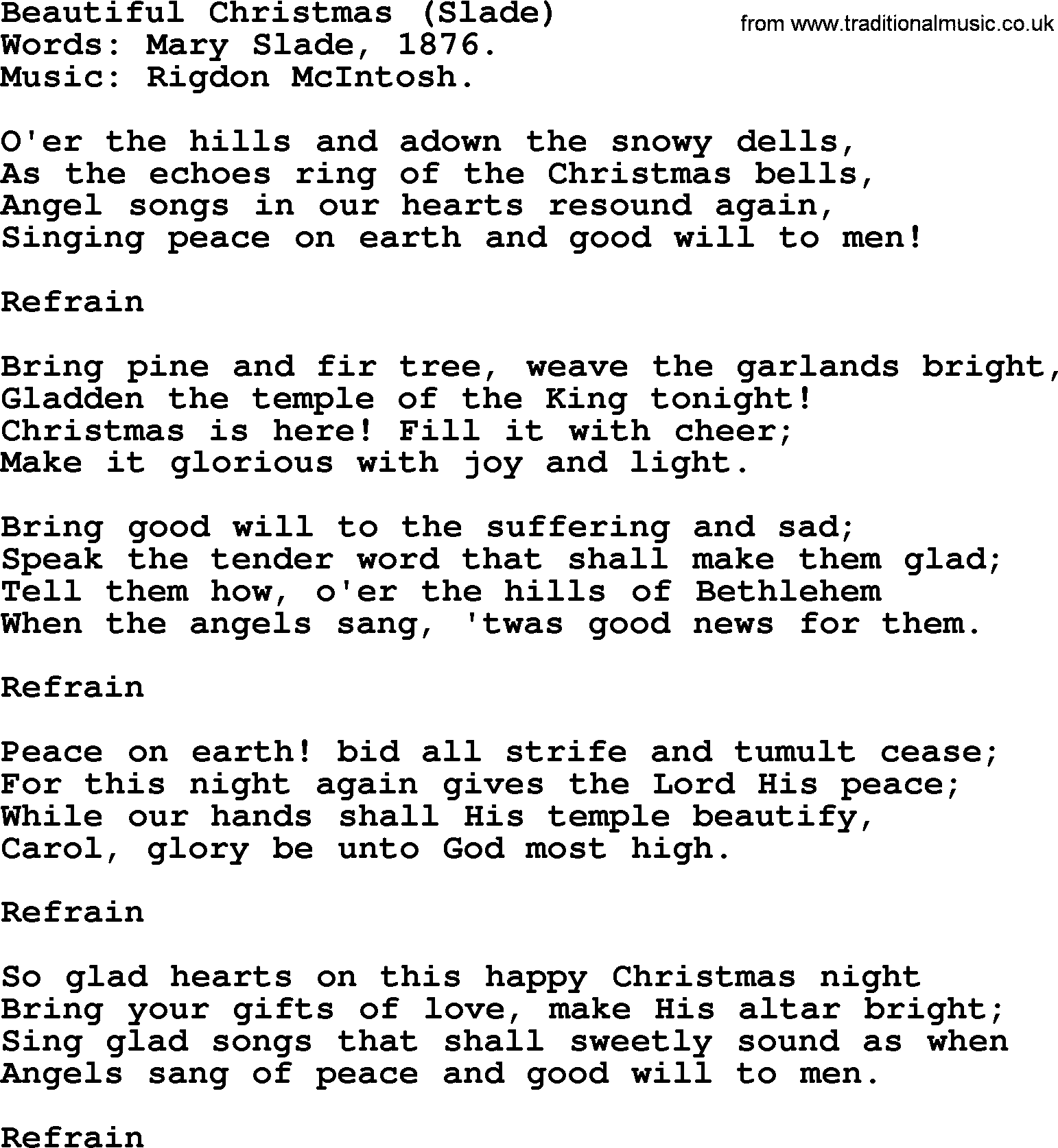 Christmas Hymns, Carols and Songs, title: Beautiful Christmas (slade), lyrics with PDF