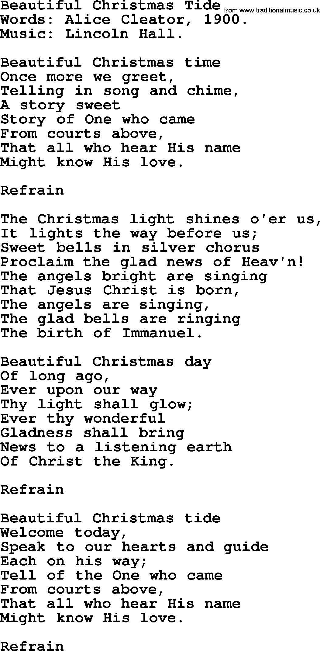 Christmas Hymns, Carols and Songs, title: Beautiful Christmas Tide, lyrics with PDF