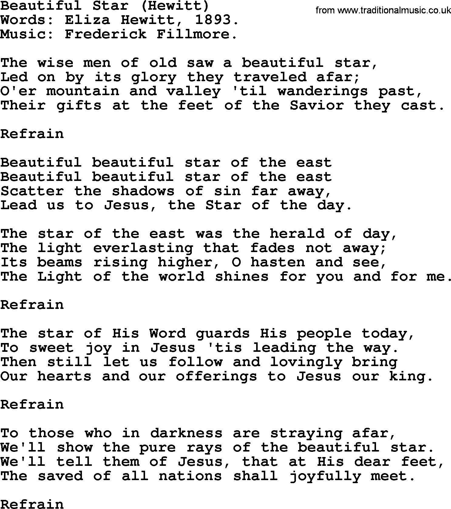 Christmas Hymns, Carols and Songs, title: Beautiful Star (hewitt), lyrics with PDF