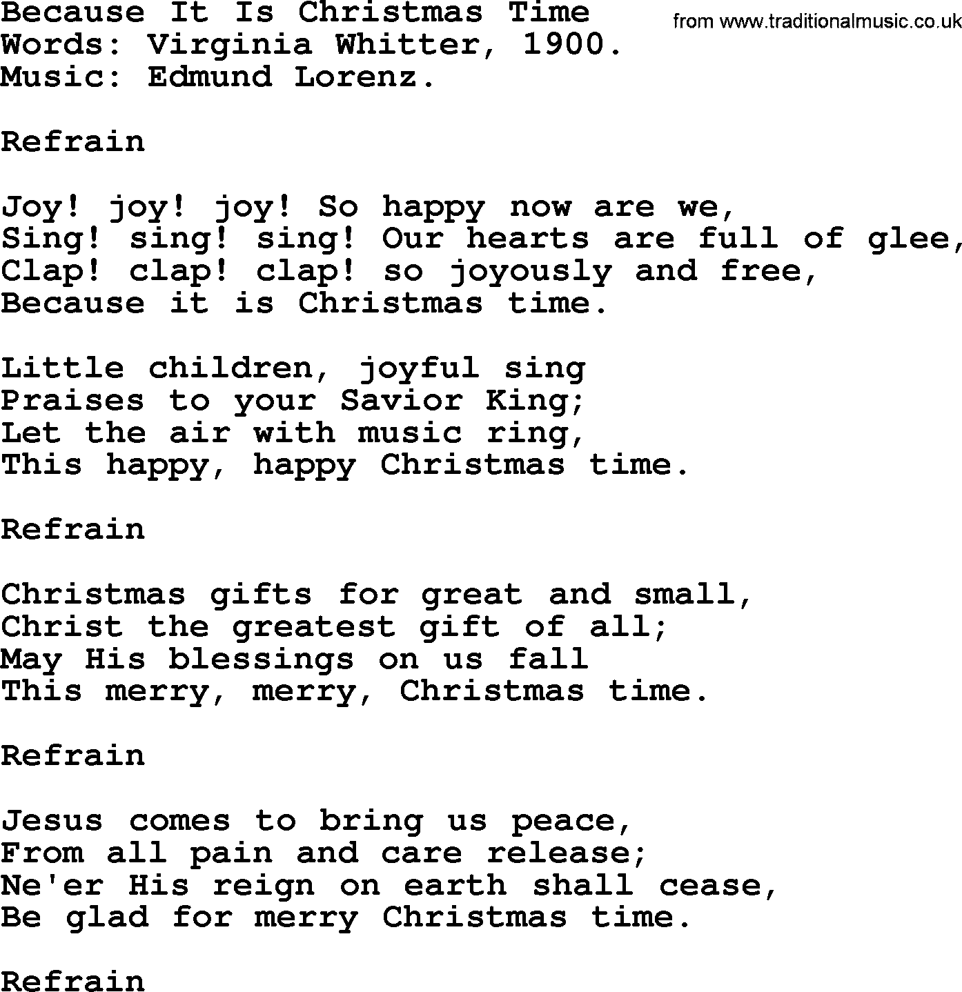 Christmas Hymns, Carols and Songs, title: Because It Is Christmas Time, lyrics with PDF