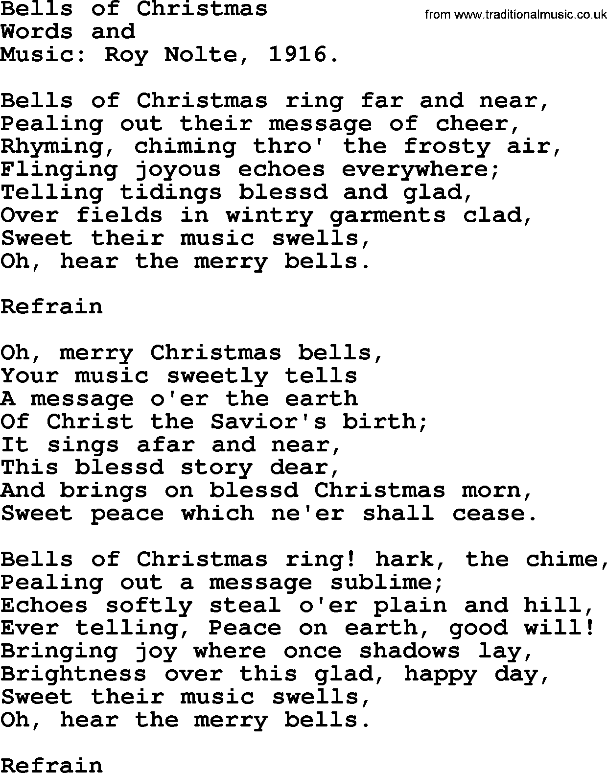 Christmas Hymns, Carols and Songs, title: Bells Of Christmas, lyrics with PDF