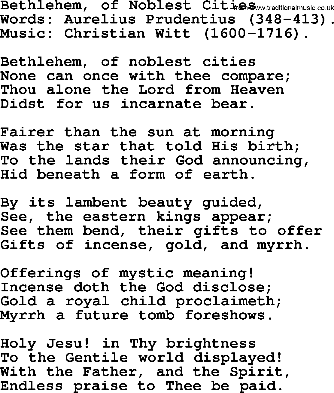 Christmas Hymns, Carols and Songs, title: Bethlehem, Of Noblest Cities, lyrics with PDF
