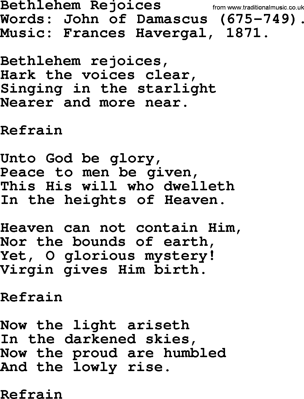Christmas Hymns, Carols and Songs, title: Bethlehem Rejoices, lyrics with PDF