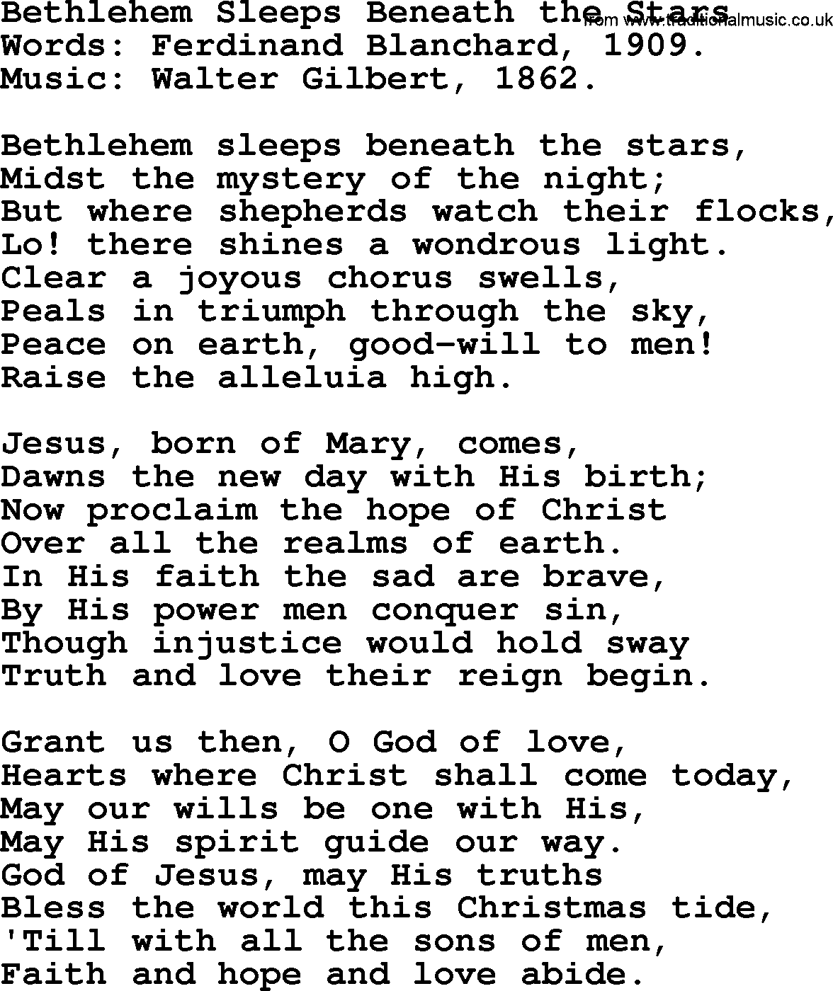 Christmas Hymns, Carols and Songs, title: Bethlehem Sleeps Beneath The Stars, lyrics with PDF