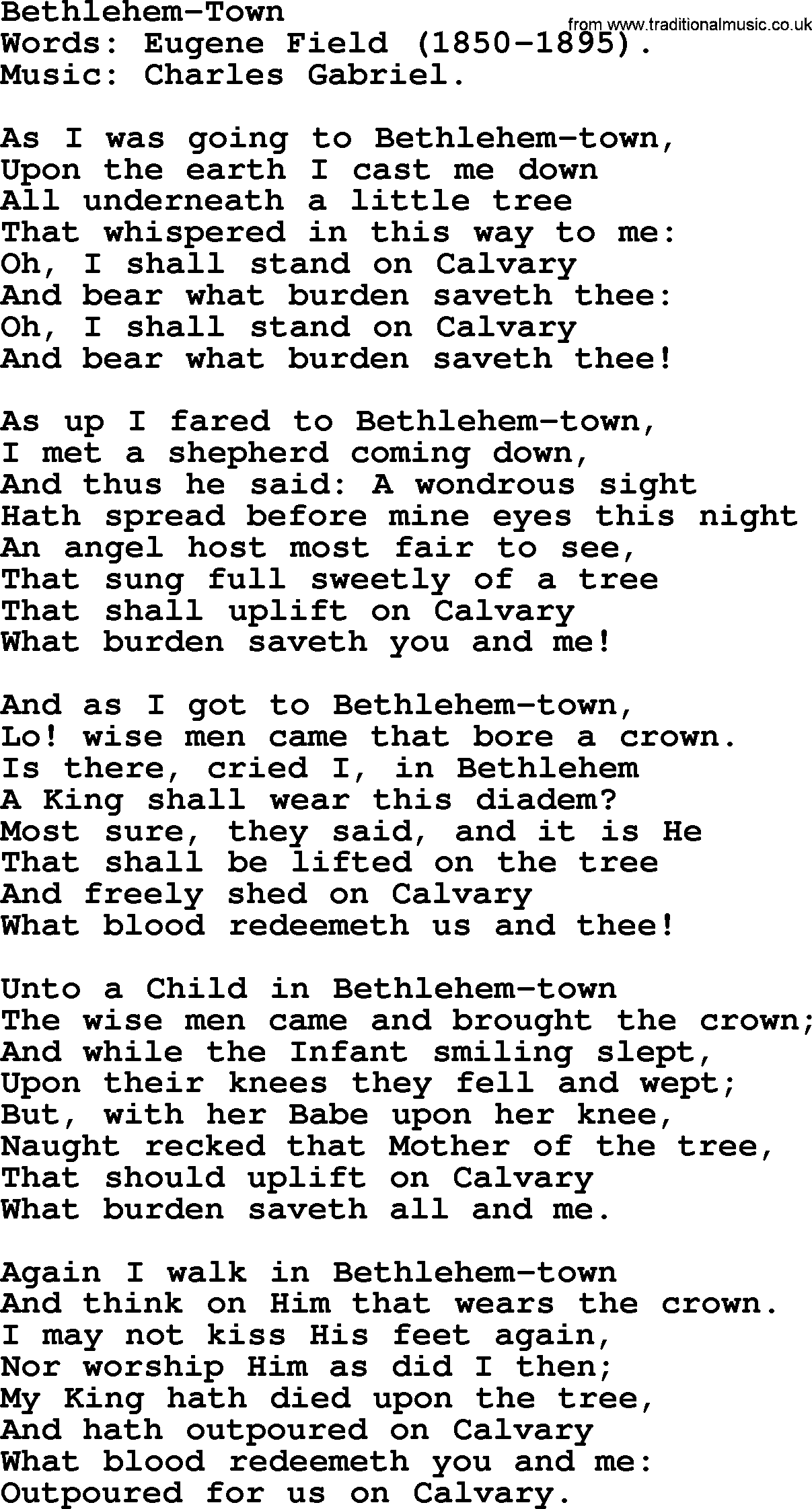 Christmas Hymns, Carols and Songs, title: Bethlehem-town, lyrics with PDF