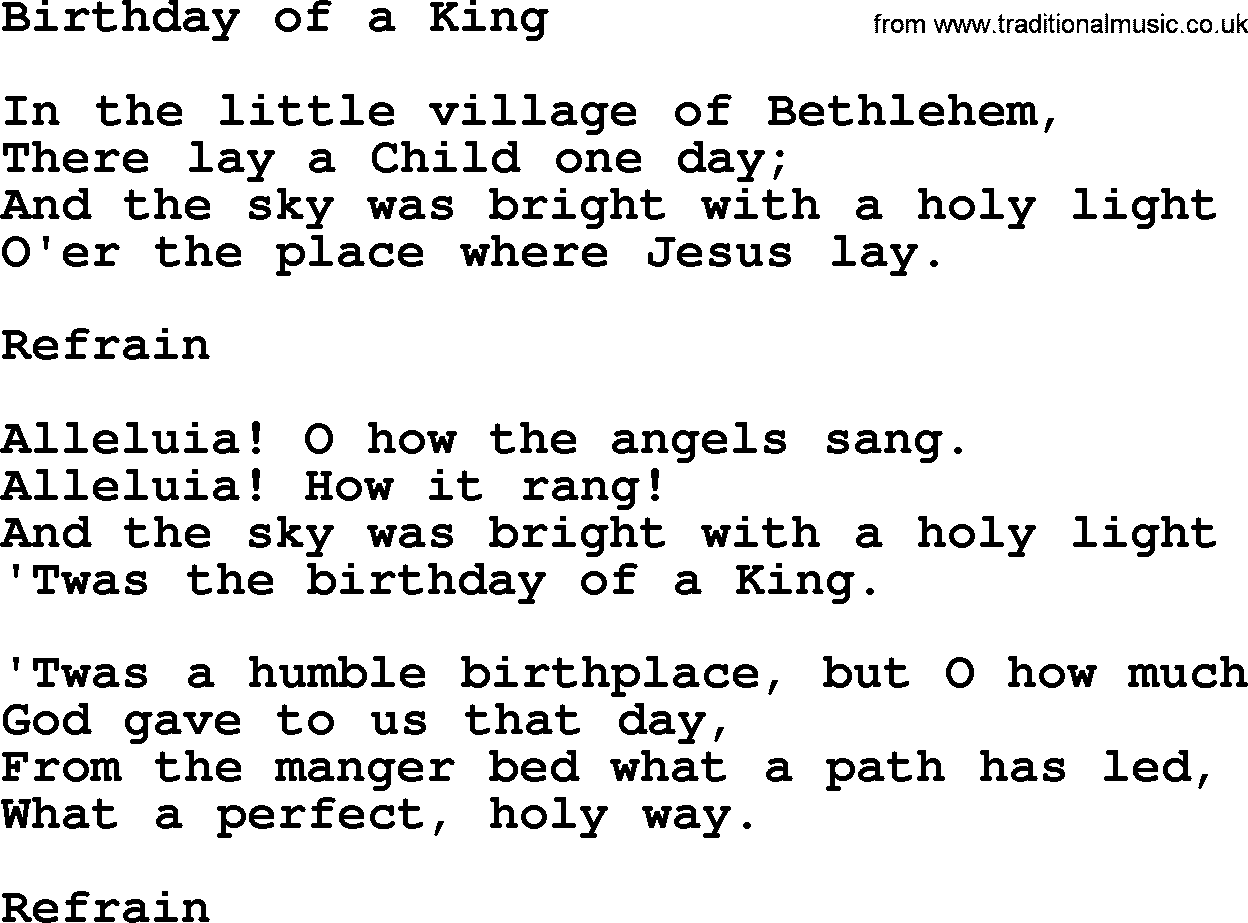 Christmas Hymns, Carols and Songs, title: Birthday Of A King, lyrics with PDF