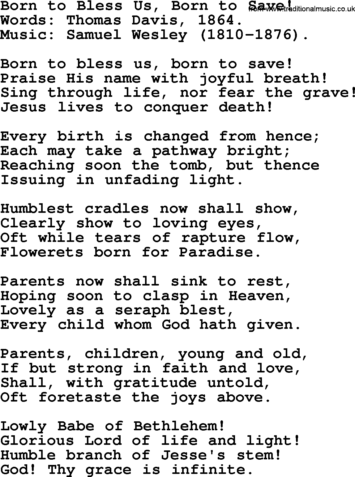 Christmas Hymns, Carols and Songs, title: Born To Bless Us, Born To Save!, lyrics with PDF
