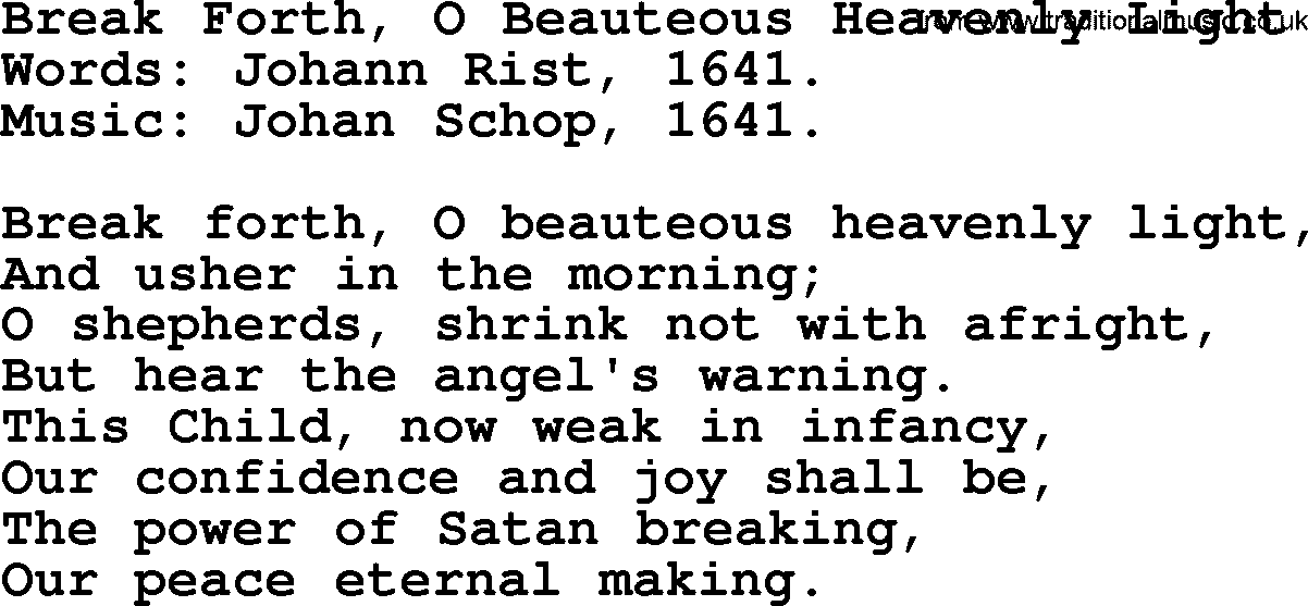 Christmas Hymns, Carols and Songs, title: Break Forth, O Beauteous Heavenly Light, lyrics with PDF
