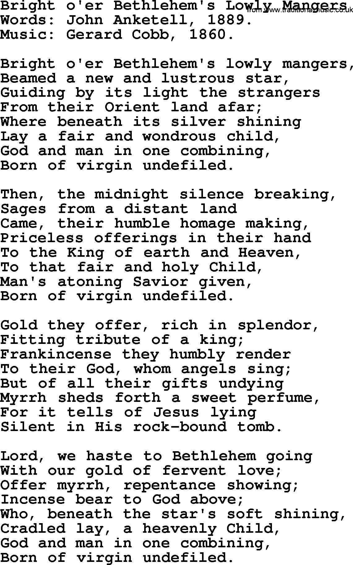 Christmas Hymns, Carols and Songs, title: Bright O'er Bethlehem's Lowly Mangers, lyrics with PDF