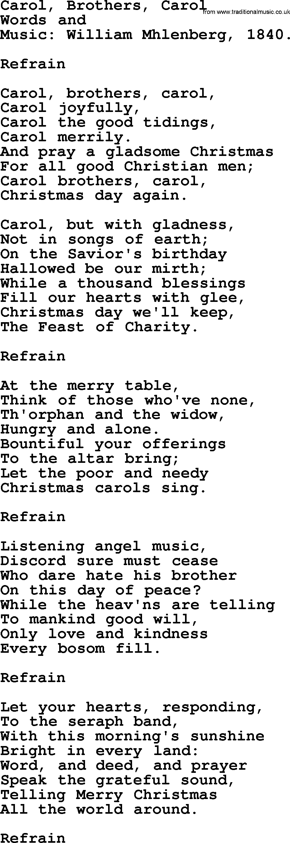 Christmas Hymns, Carols and Songs, title: Carol, Brothers, Carol, lyrics with PDF