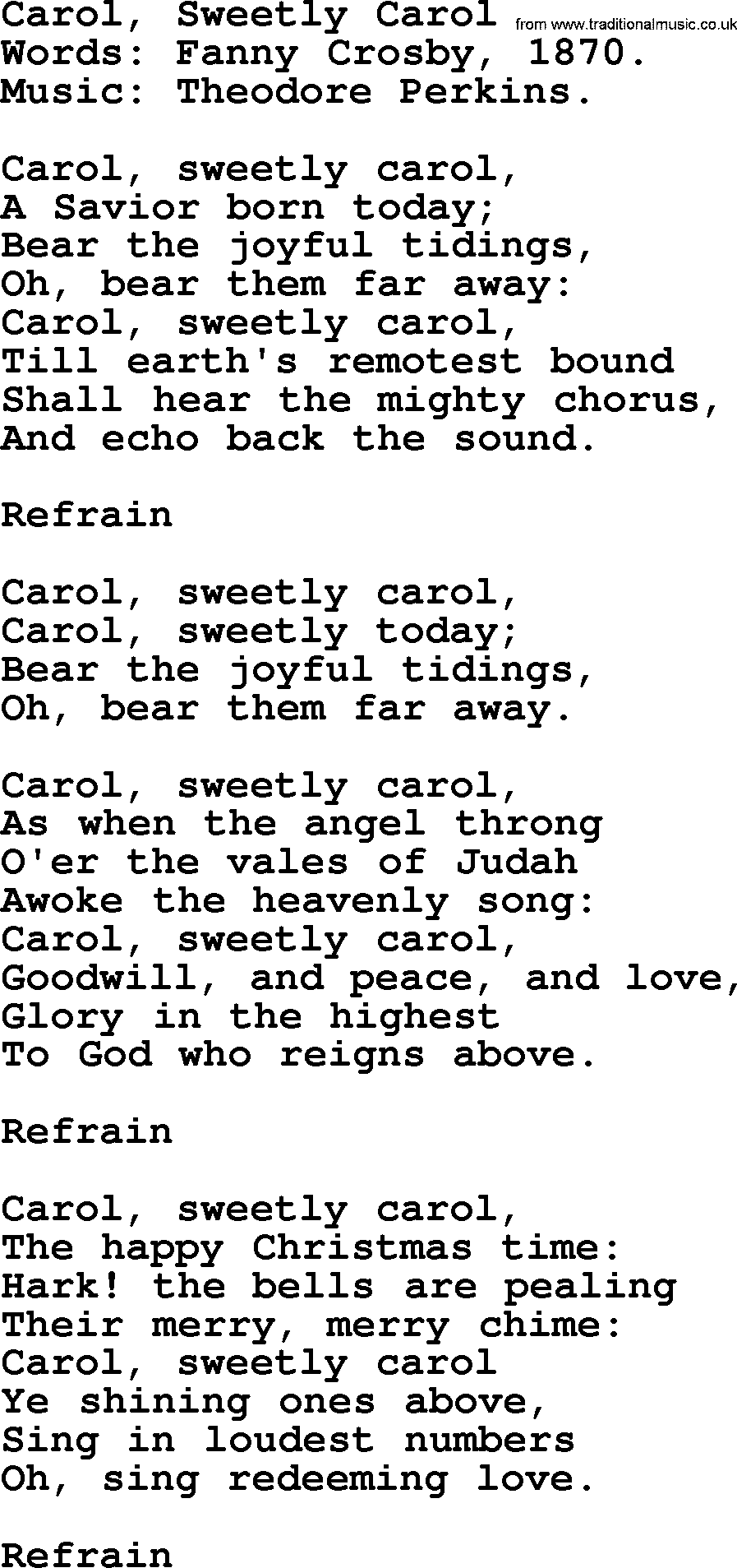 Christmas Hymns, Carols and Songs, title: Carol, Sweetly Carol, lyrics with PDF