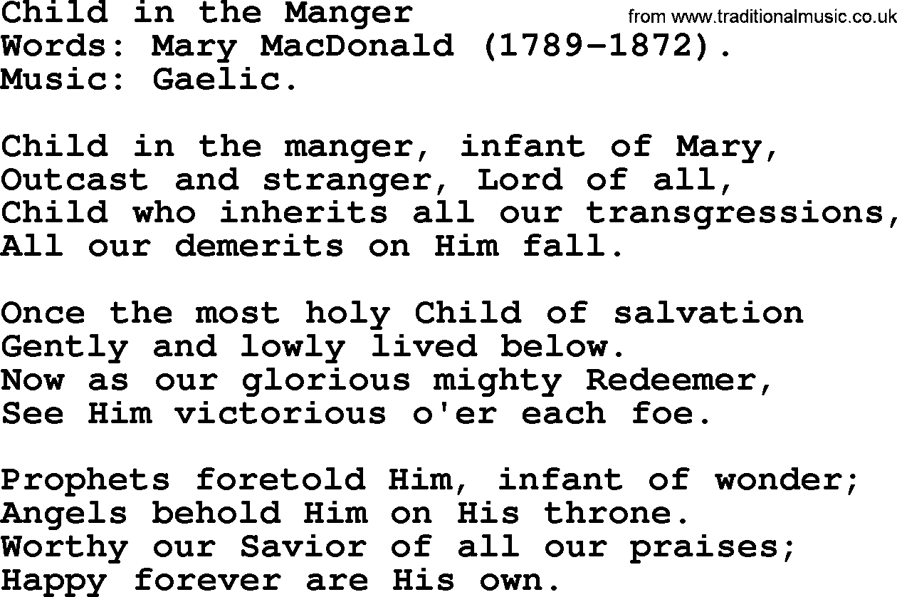 Christmas Hymns, Carols and Songs, title: Child In The Manger, lyrics with PDF