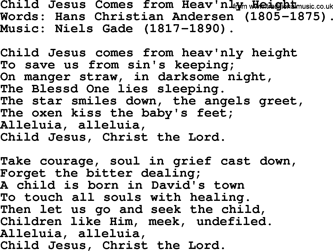 Christmas Hymns, Carols and Songs, title: Child Jesus Comes From Heav'nly Height, lyrics with PDF