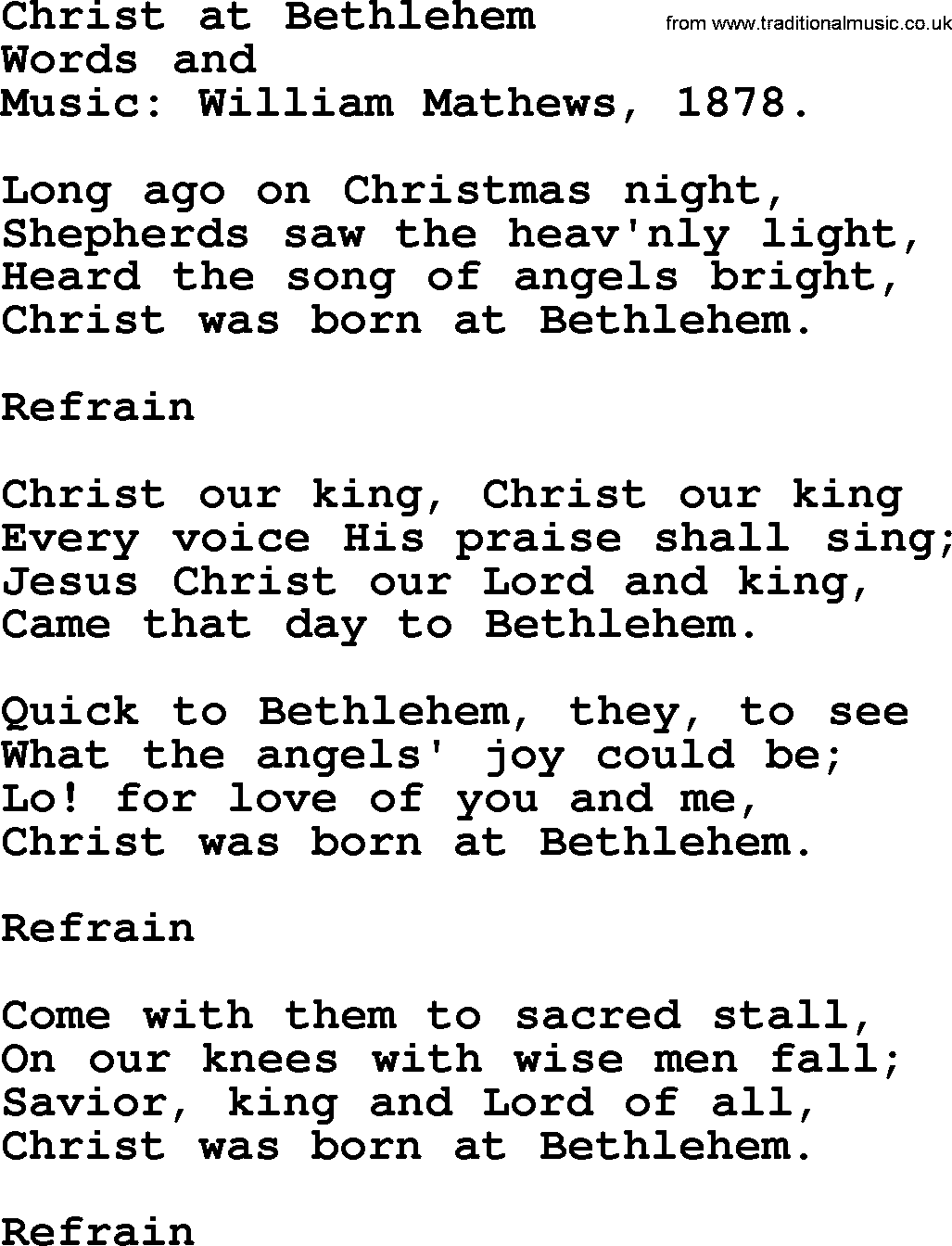 Christmas Hymns, Carols and Songs, title: Christ At Bethlehem, lyrics with PDF