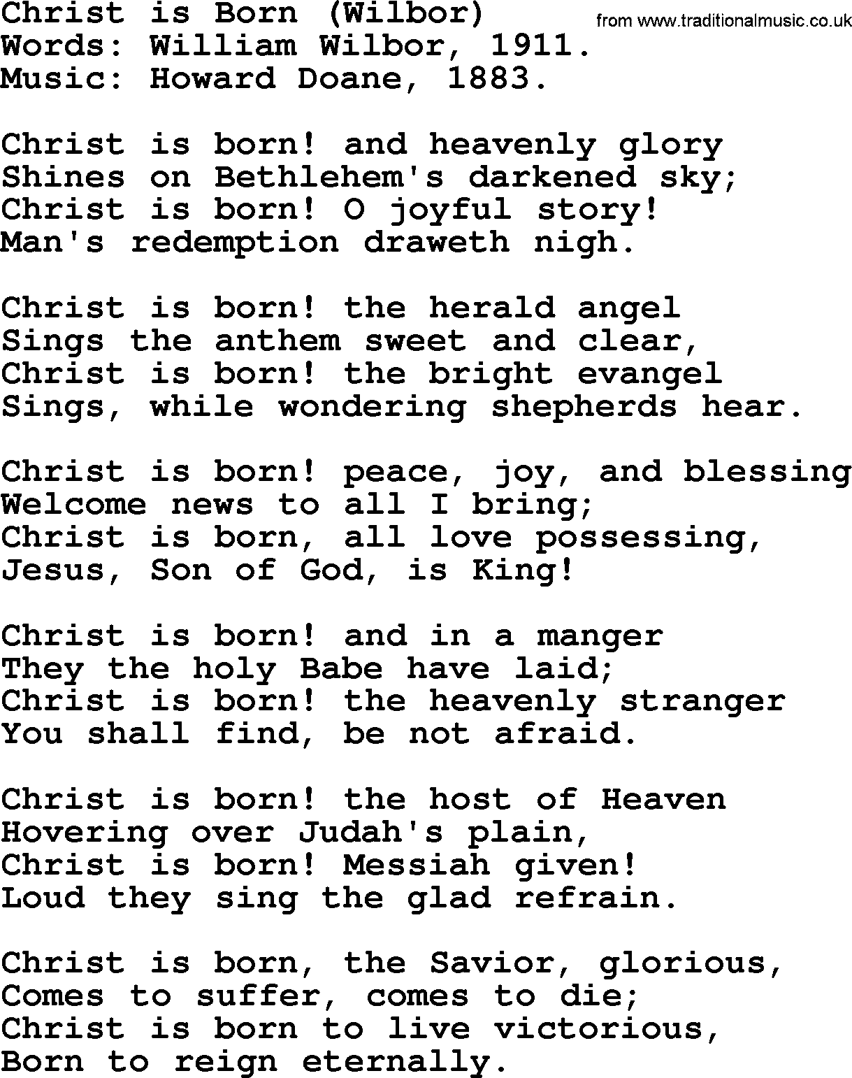 Christmas Hymns, Carols and Songs, title: Christ Is Born (wilbor), lyrics with PDF