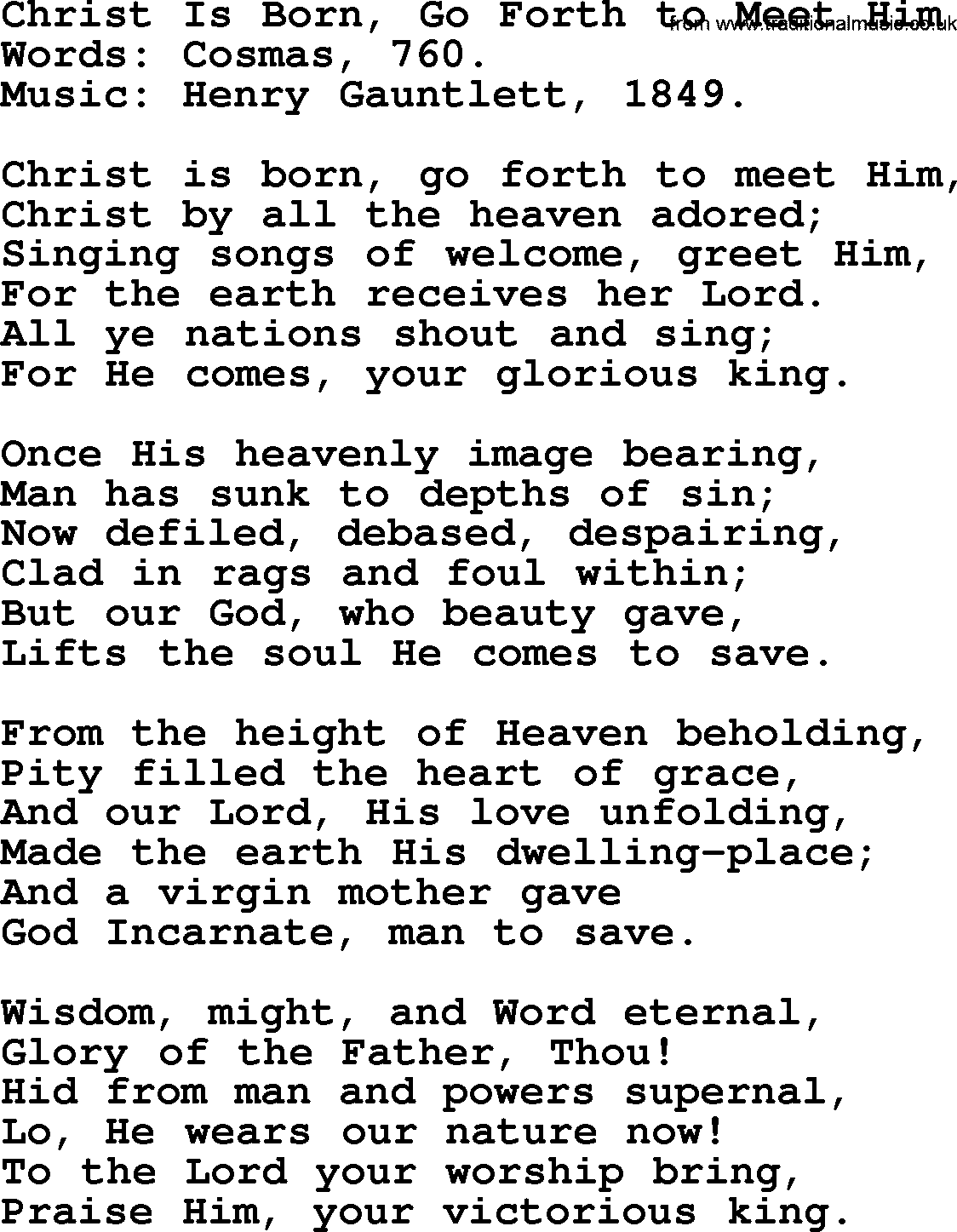 Christmas Hymns, Carols and Songs, title: Christ Is Born, Go Forth To Meet Him, lyrics with PDF