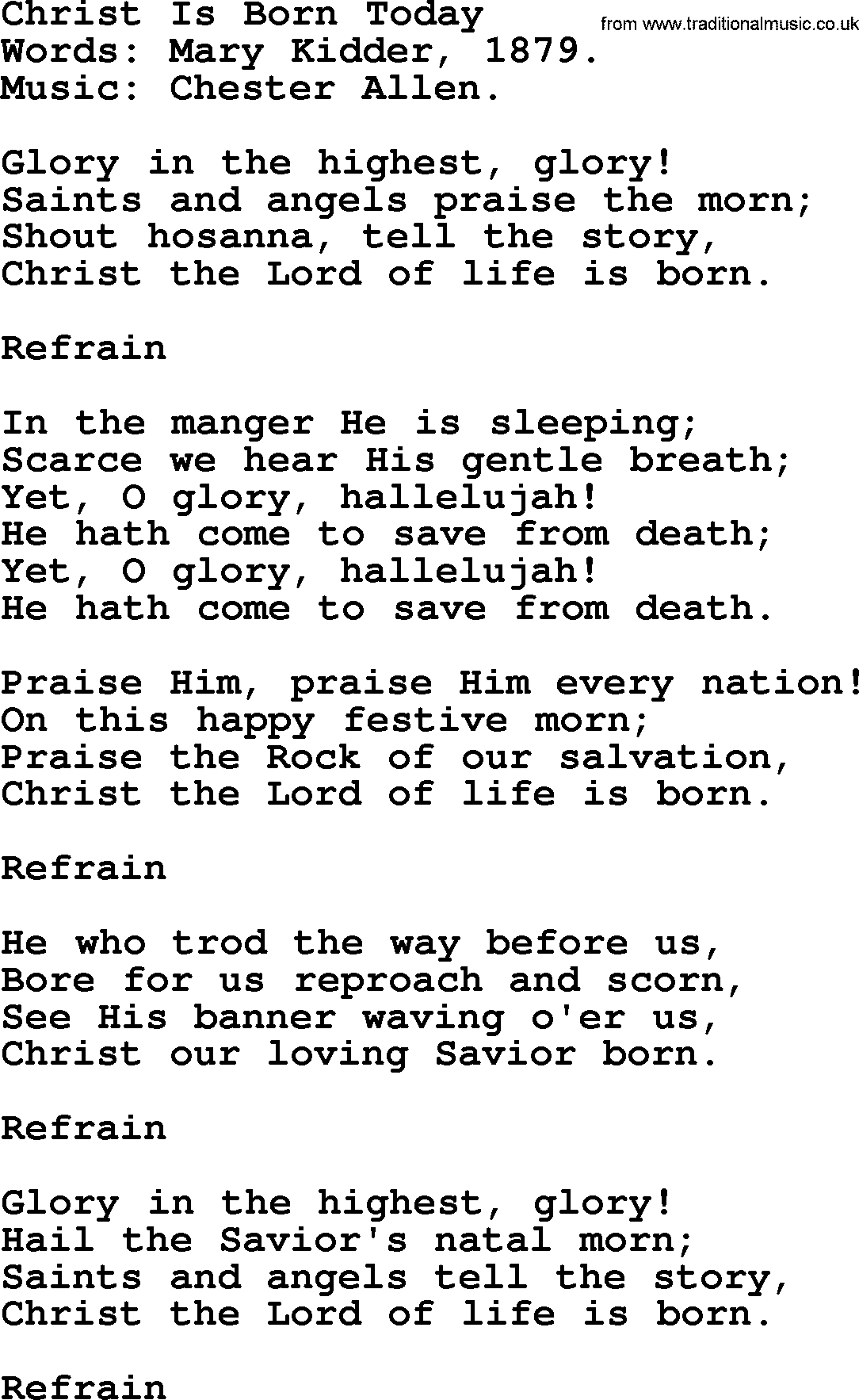 Christmas Hymns, Carols and Songs, title: Christ Is Born Today, lyrics with PDF