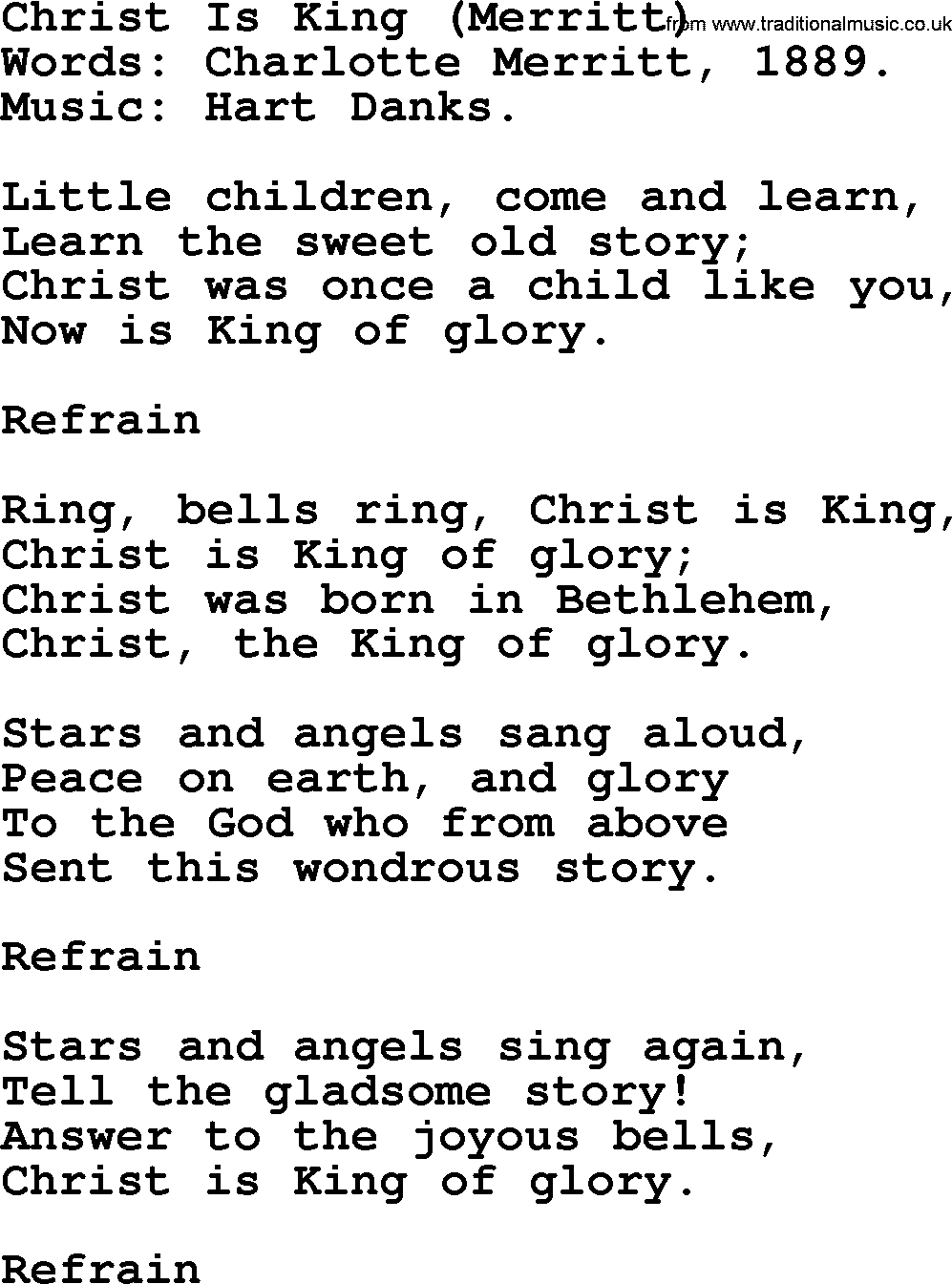 Christmas Hymns, Carols and Songs, title: Christ Is King (merritt), lyrics with PDF
