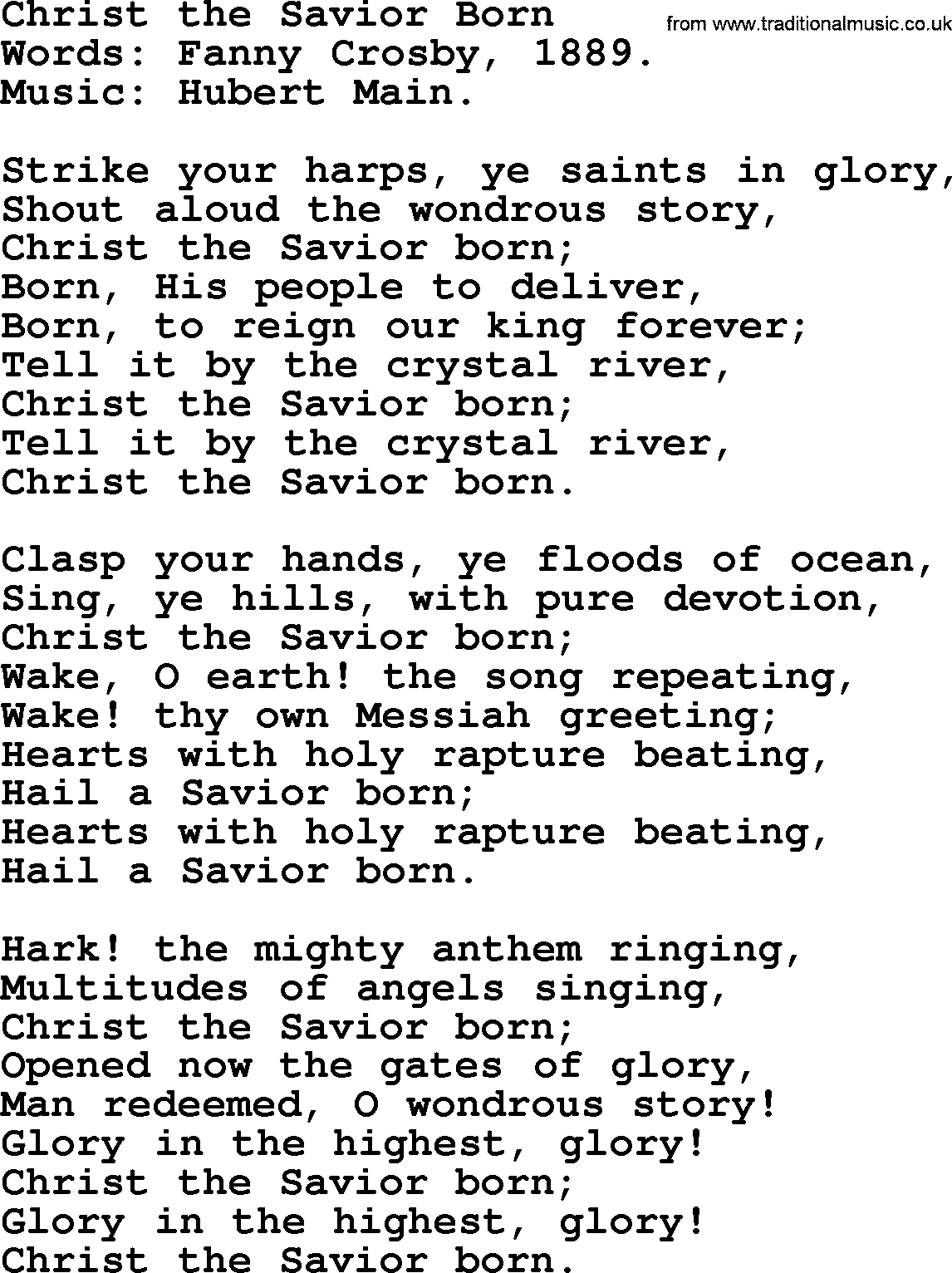 Christmas Hymns, Carols and Songs, title: Christ The Savior Born, lyrics with PDF